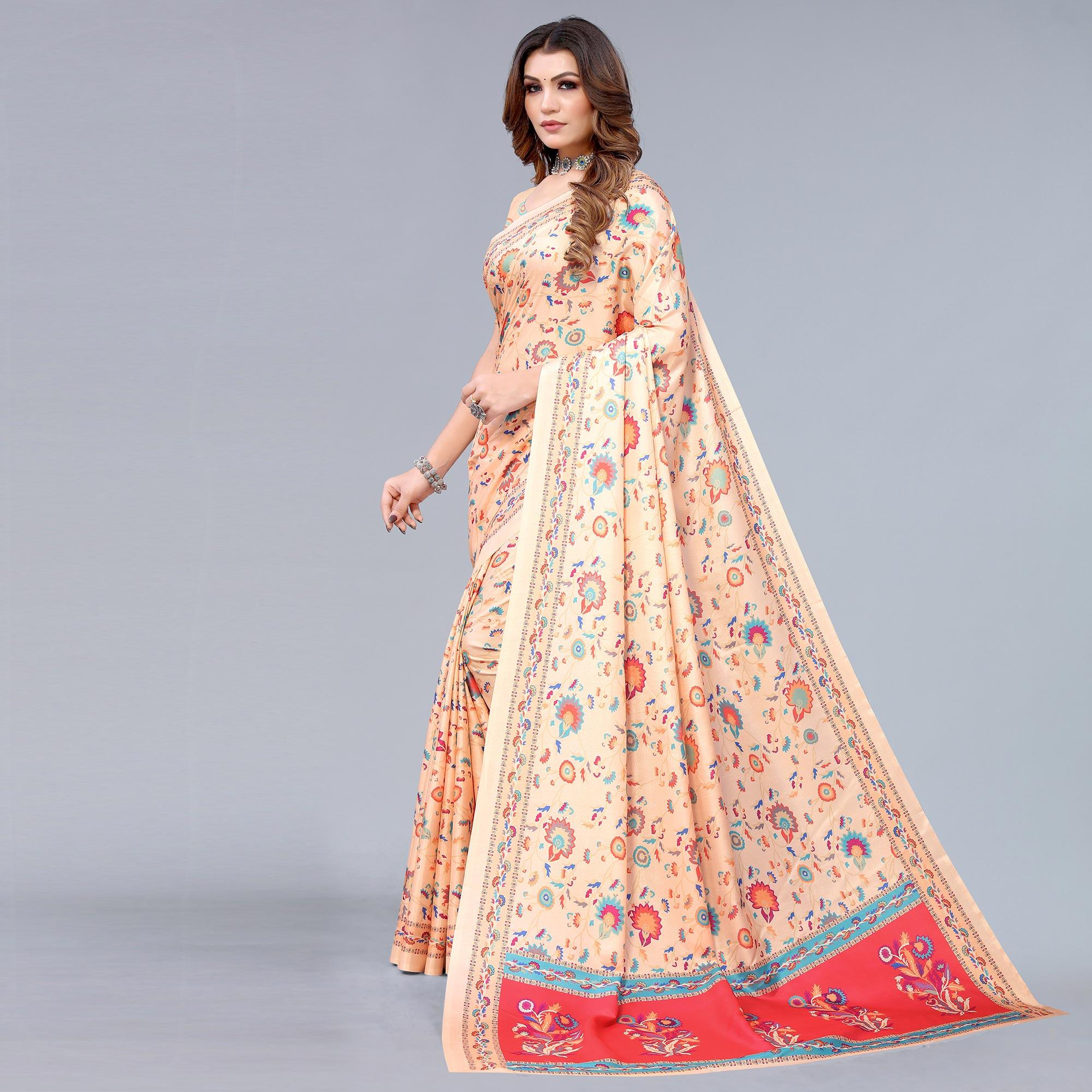 Cream Digital Printed Dola Silk Saree - Peachmode
