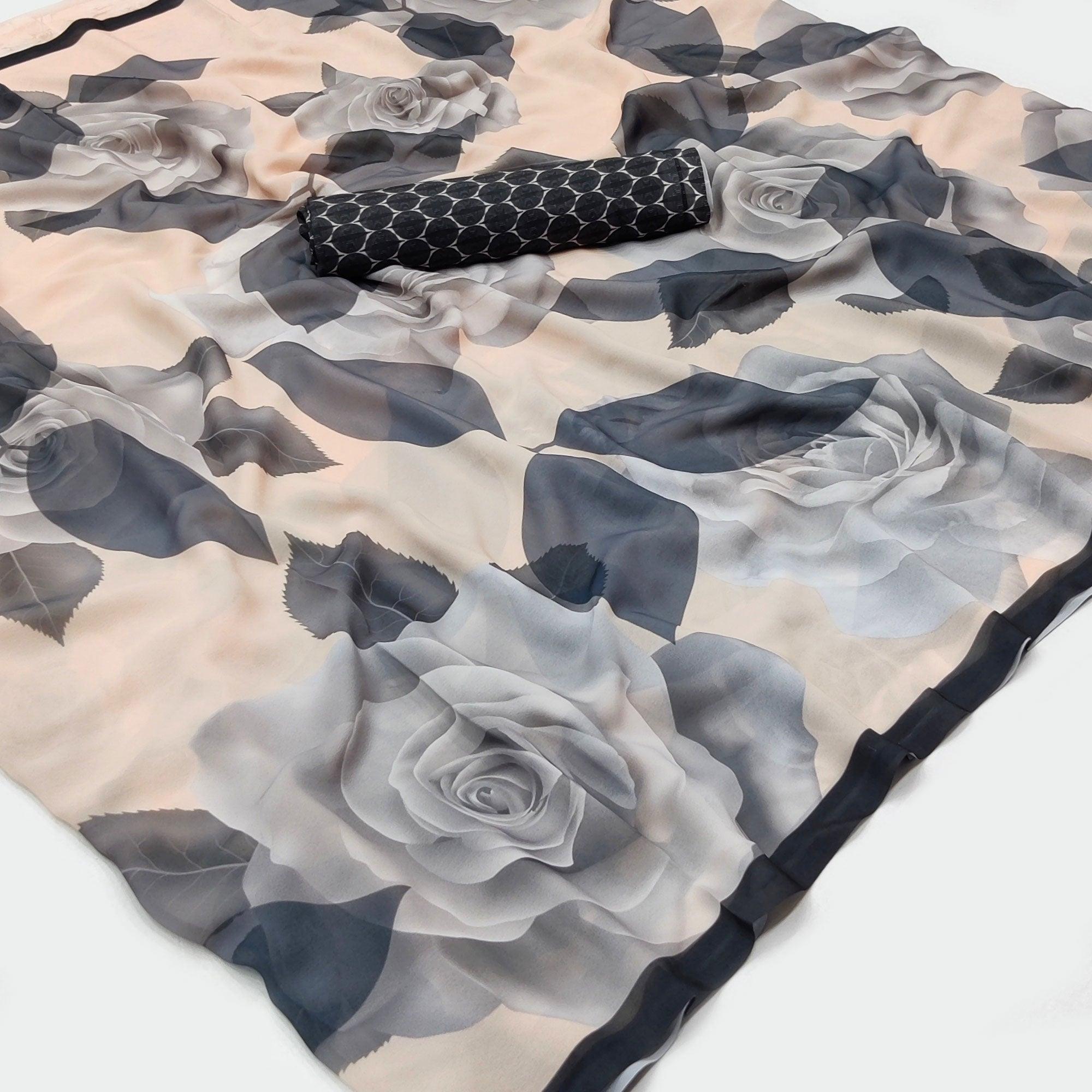 Cream Digital Printed Georgette Saree - Peachmode