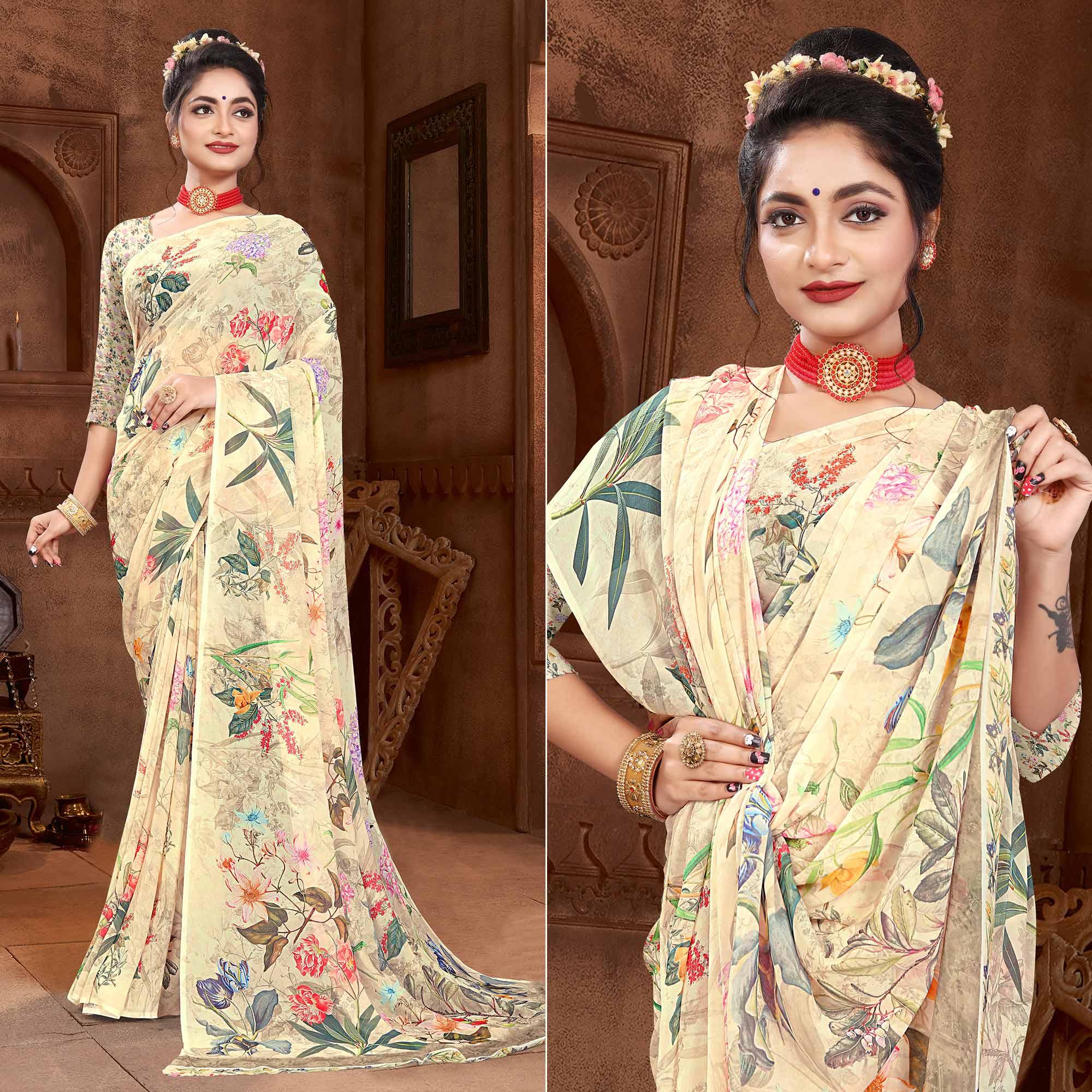 Cream Digital Printed Georgette Saree - Peachmode