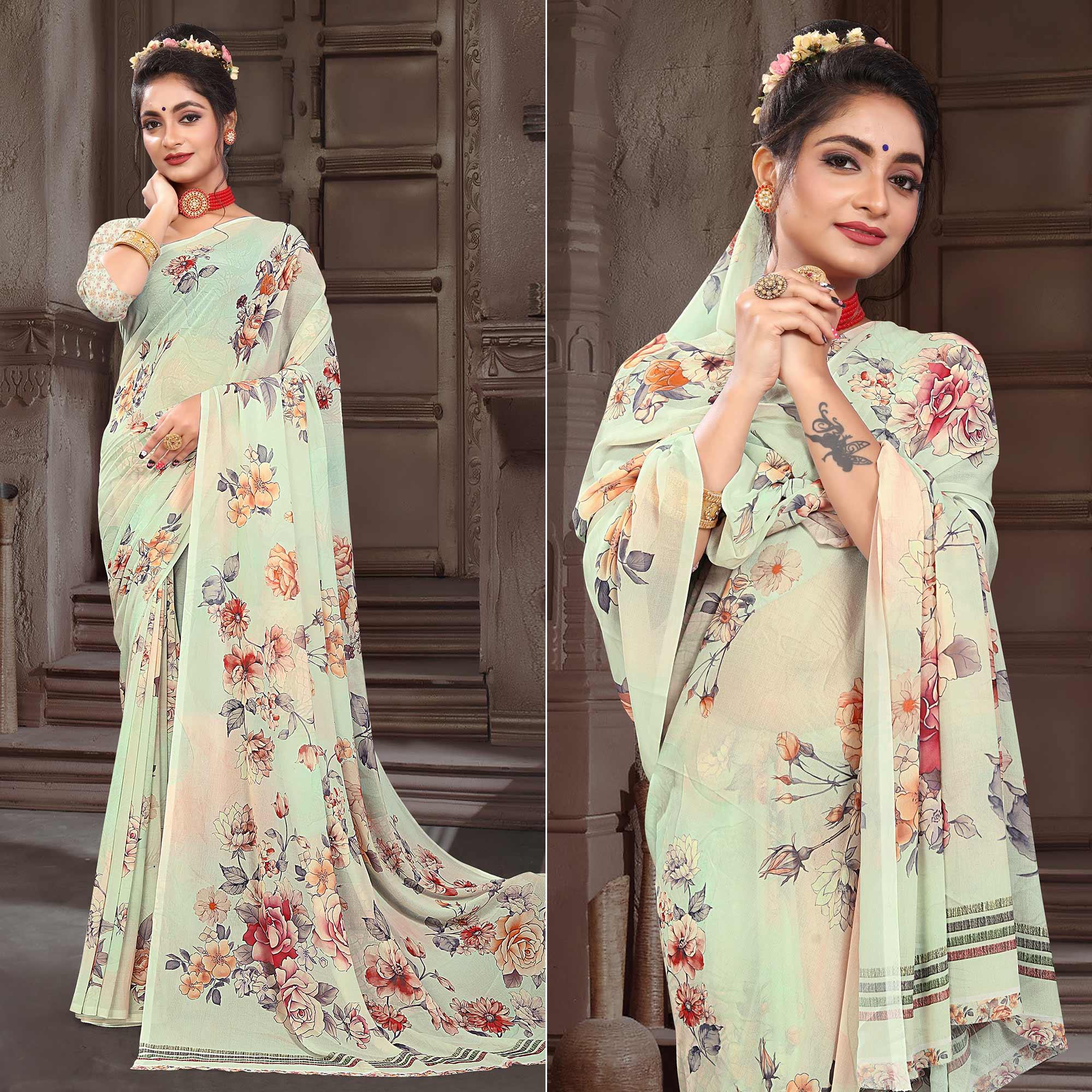 Cream Digital Printed Georgette Saree - Peachmode