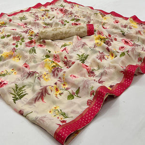 Cream Digital Printed Georgette Saree - Peachmode