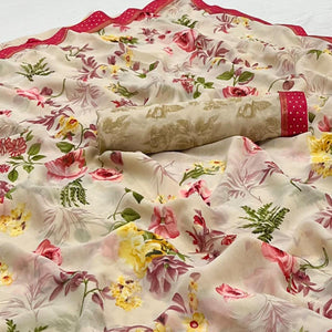 Cream Digital Printed Georgette Saree - Peachmode