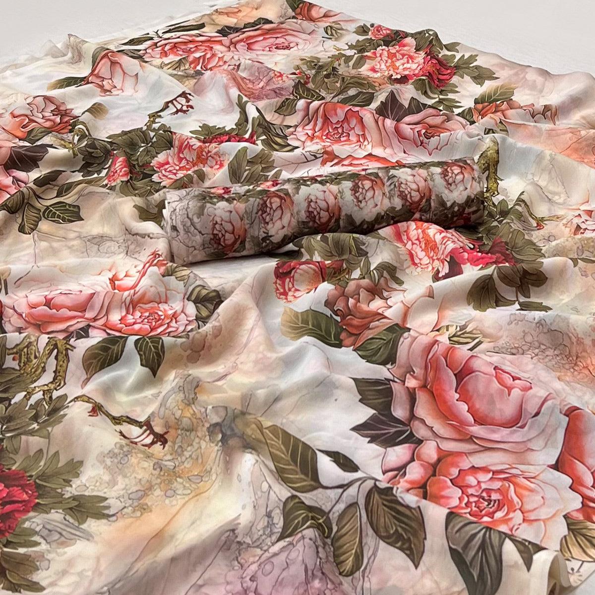 Cream Digital Printed Georgette Saree - Peachmode