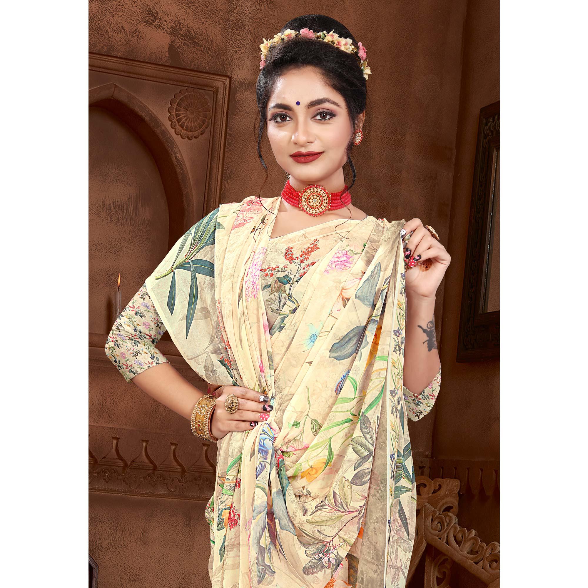 Cream Digital Printed Georgette Saree - Peachmode