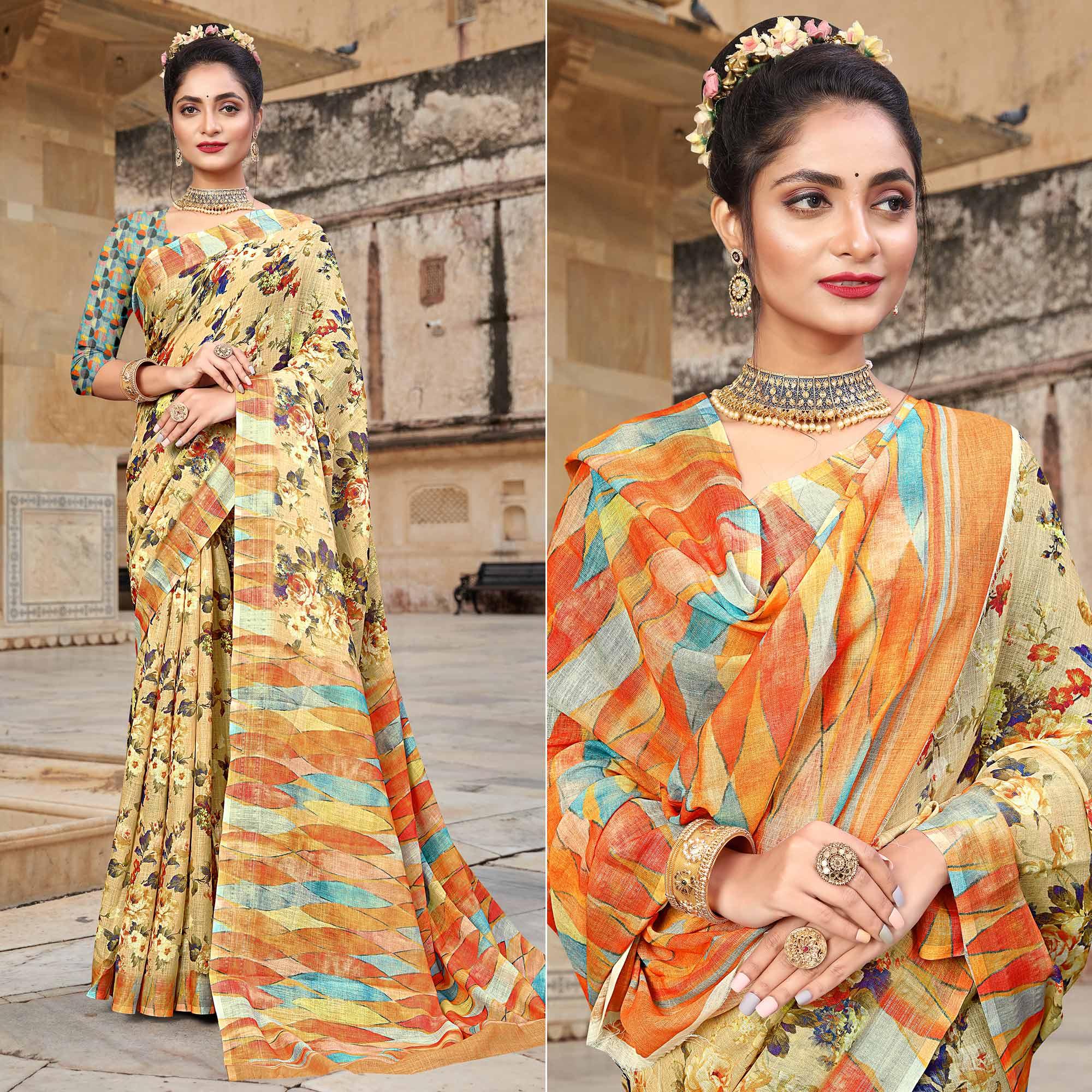 Cream Digital Printed Linen Saree - Peachmode