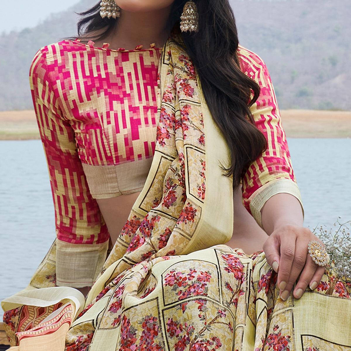Cream Digital Printed Linen Saree - Peachmode