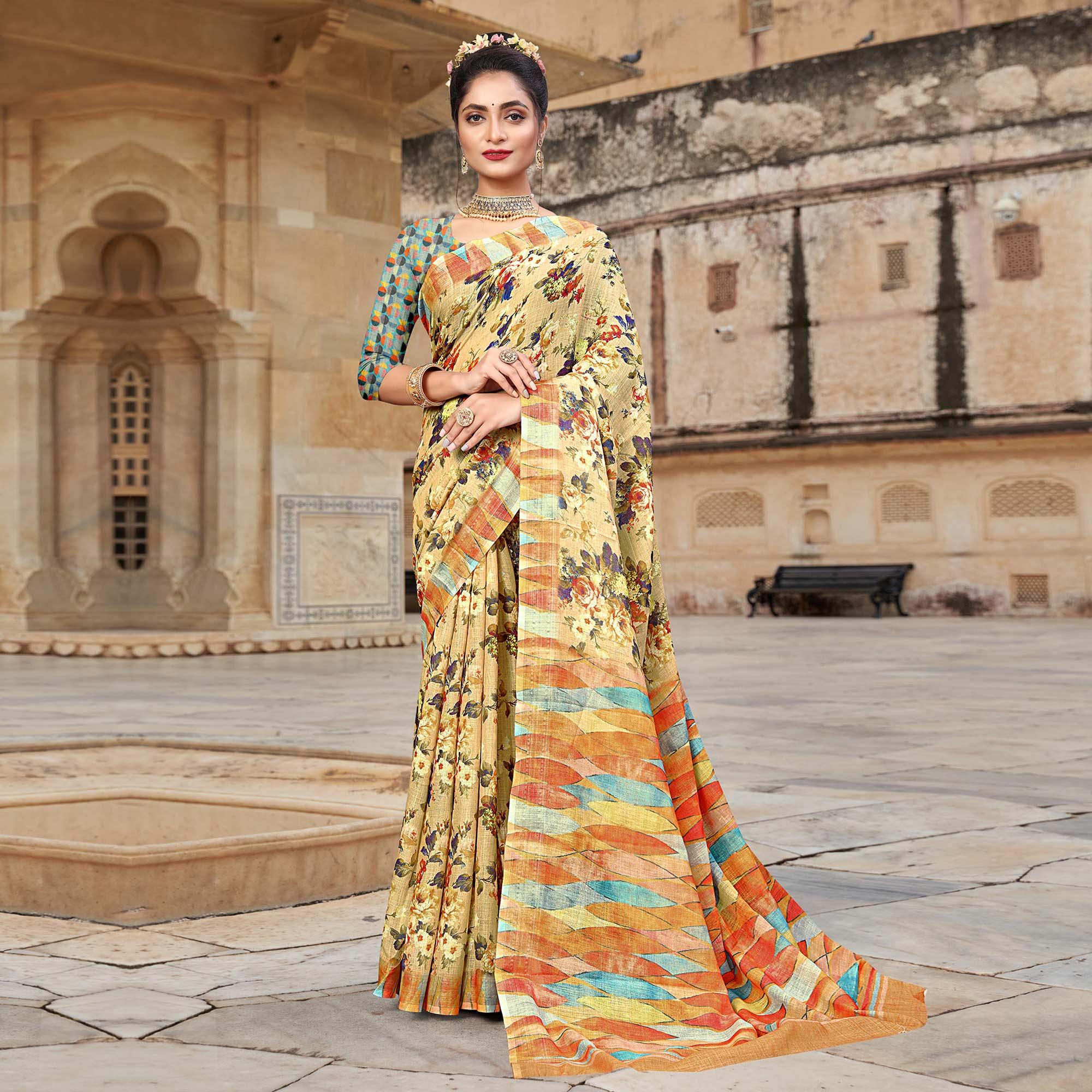 Cream Digital Printed Linen Saree - Peachmode