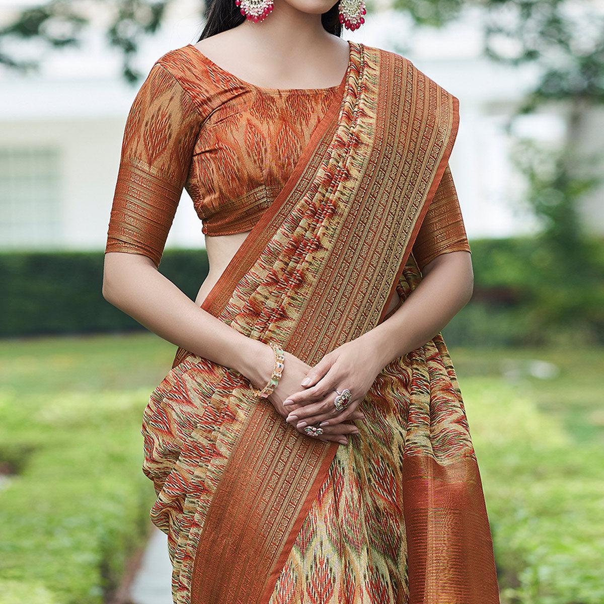 Cream Digital Printed Linen Saree - Peachmode