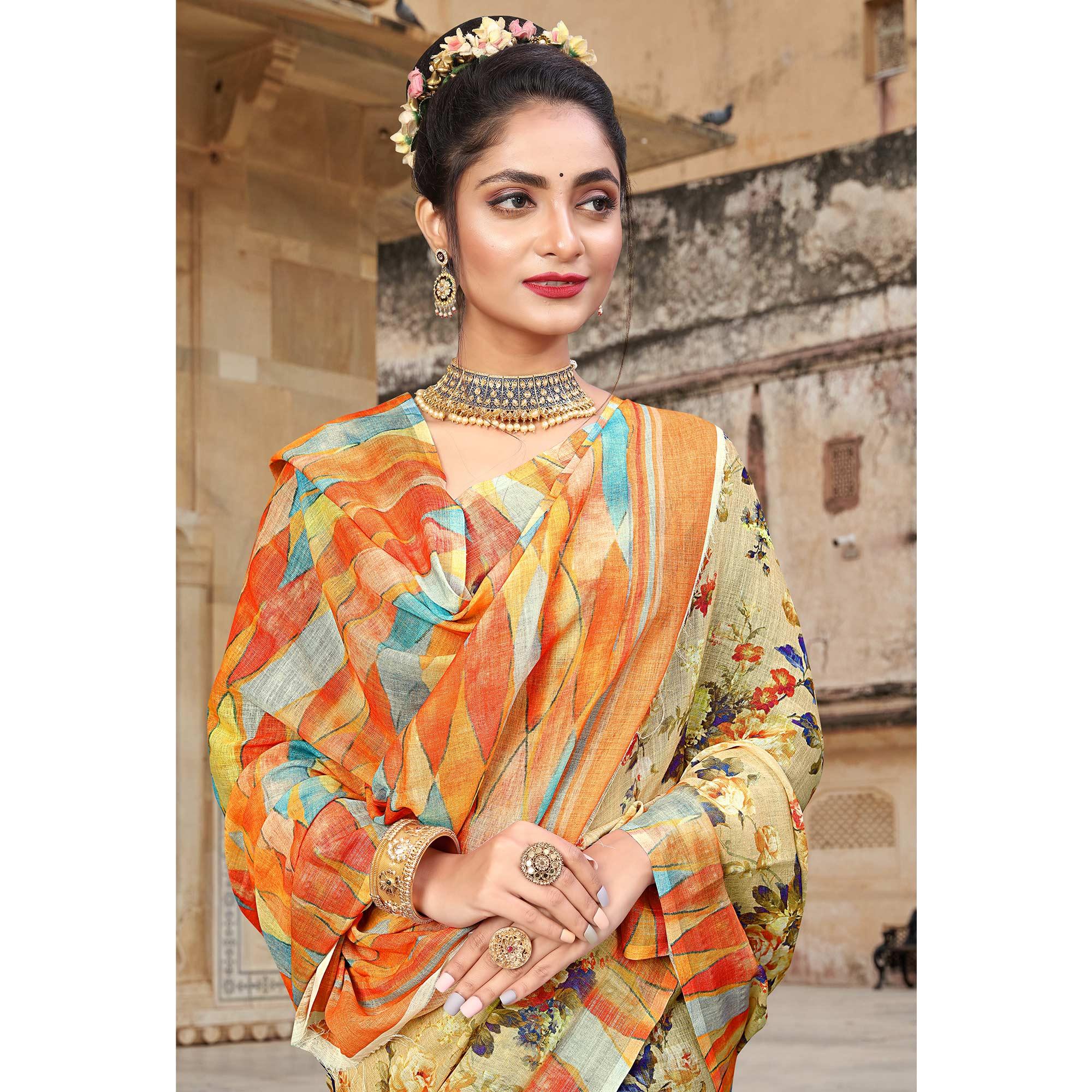 Cream Digital Printed Linen Saree - Peachmode