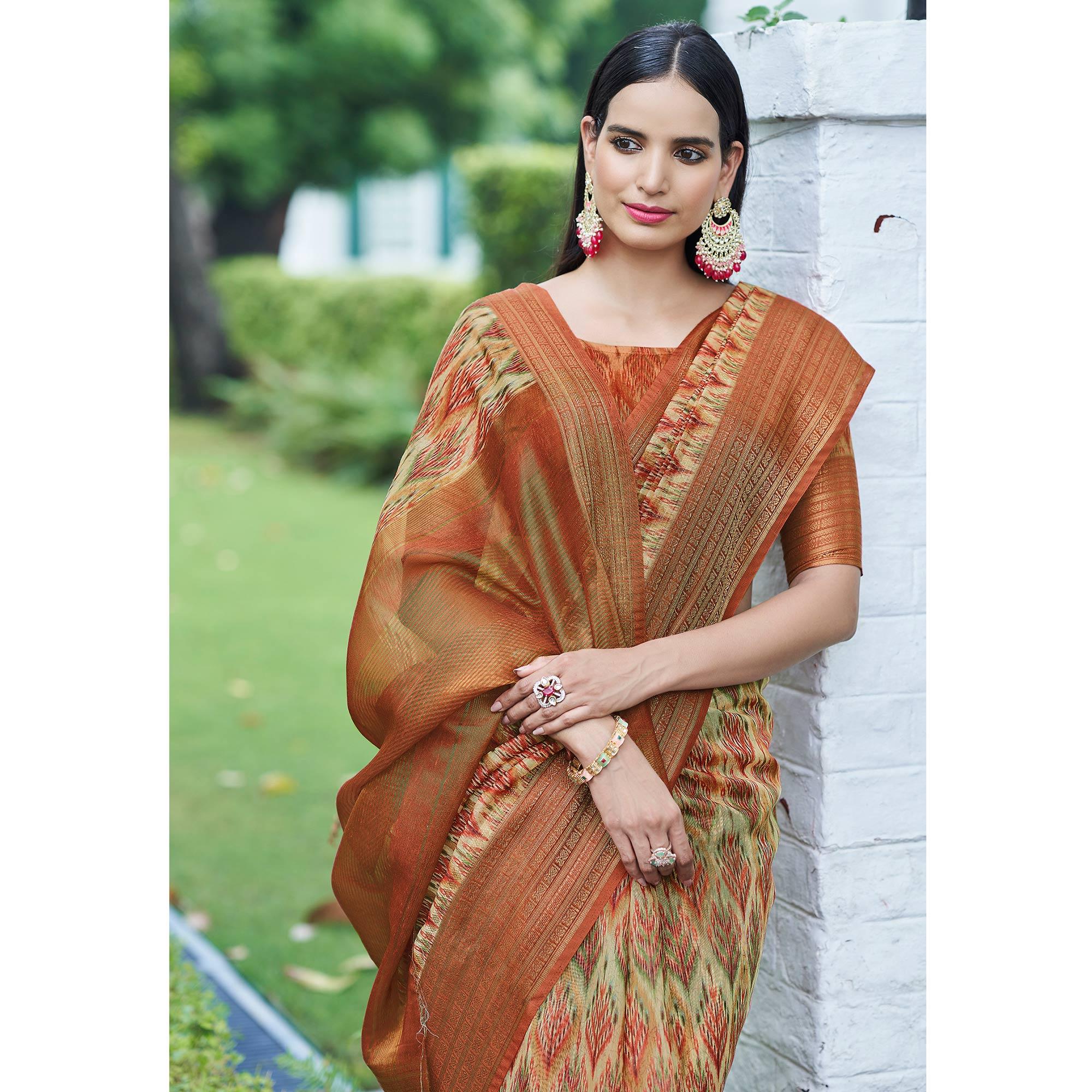 Cream Digital Printed Linen Saree - Peachmode