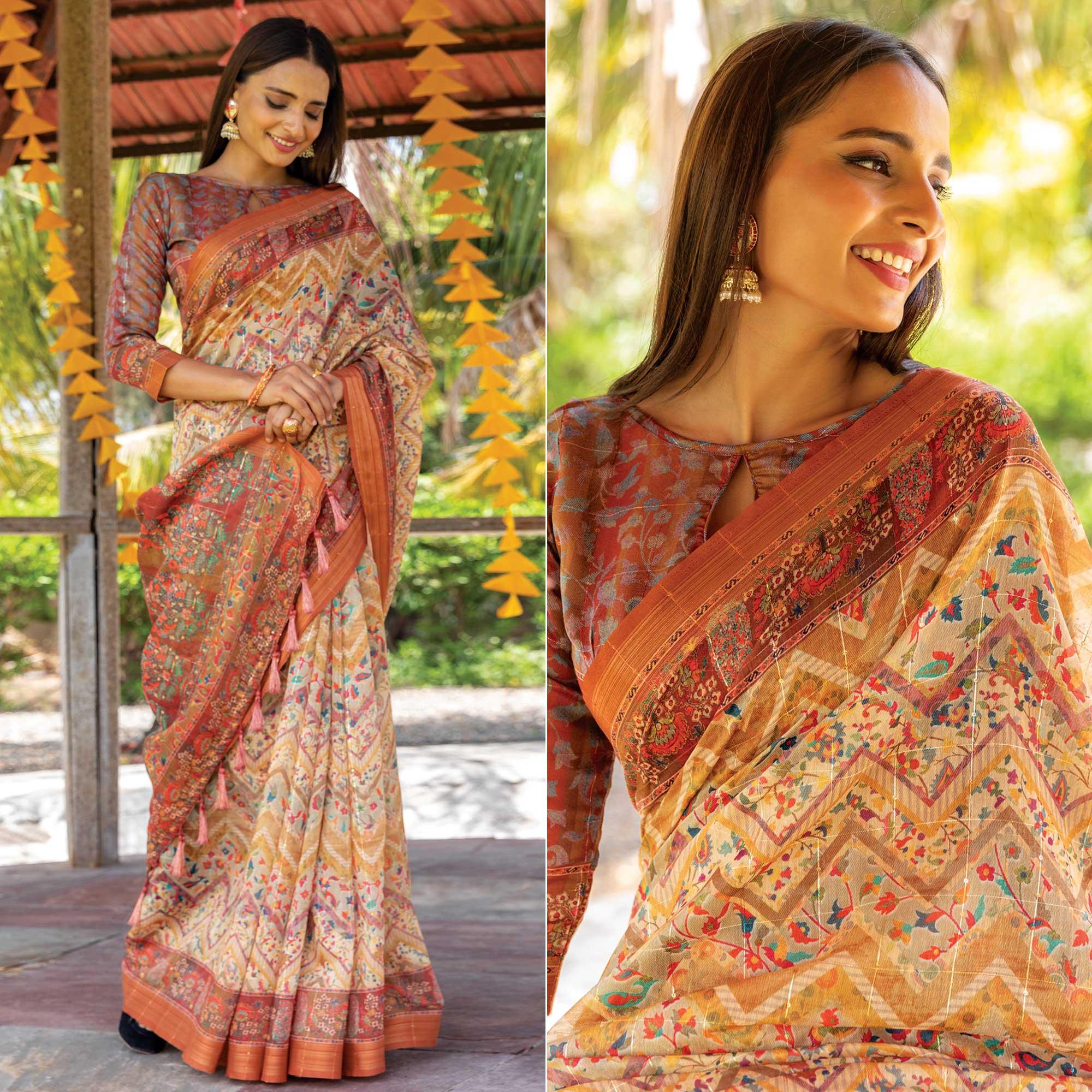 Cream Digital Printed Linen Saree With Tassels - Peachmode
