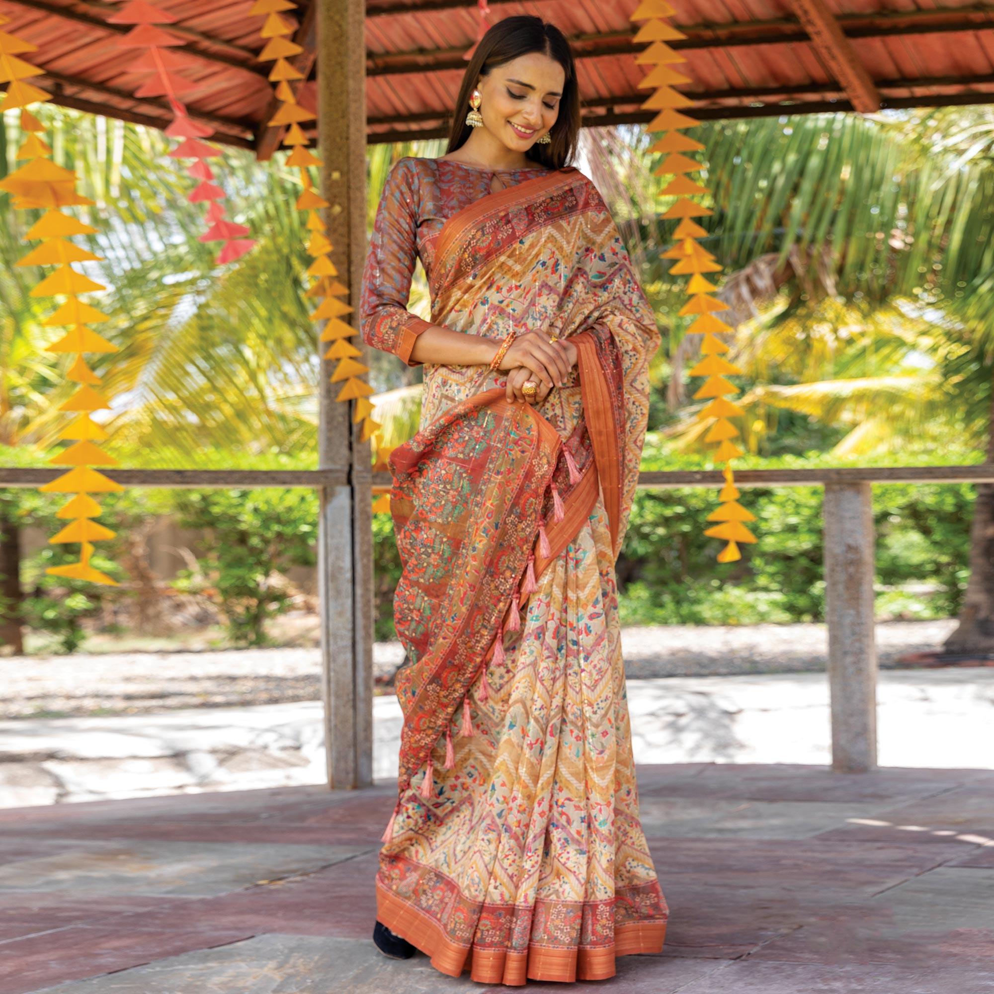 Cream Digital Printed Linen Saree With Tassels - Peachmode