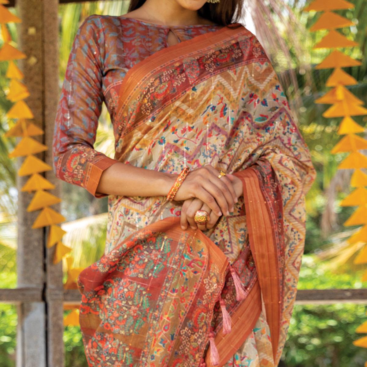 Cream Digital Printed Linen Saree With Tassels - Peachmode