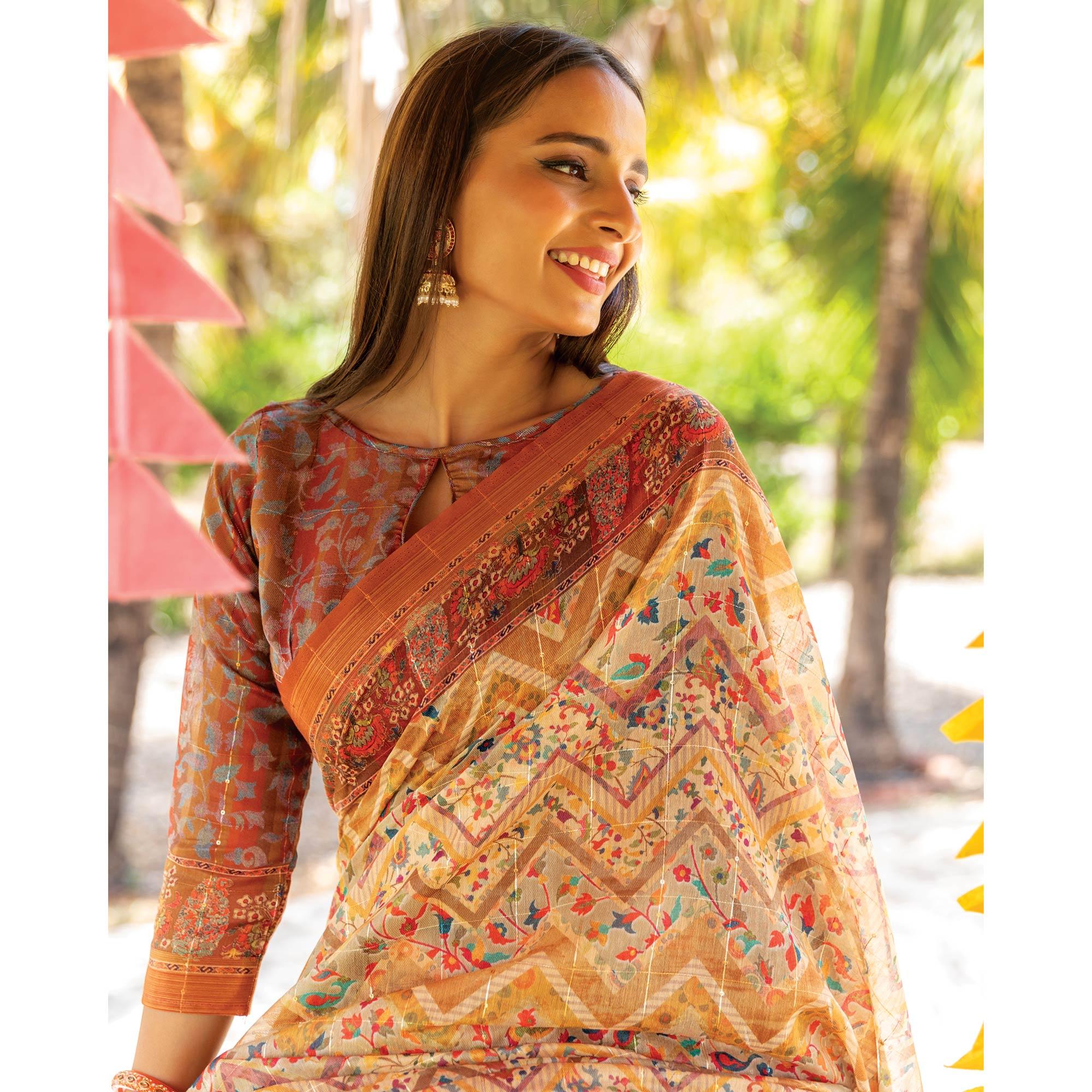 Cream Digital Printed Linen Saree With Tassels - Peachmode