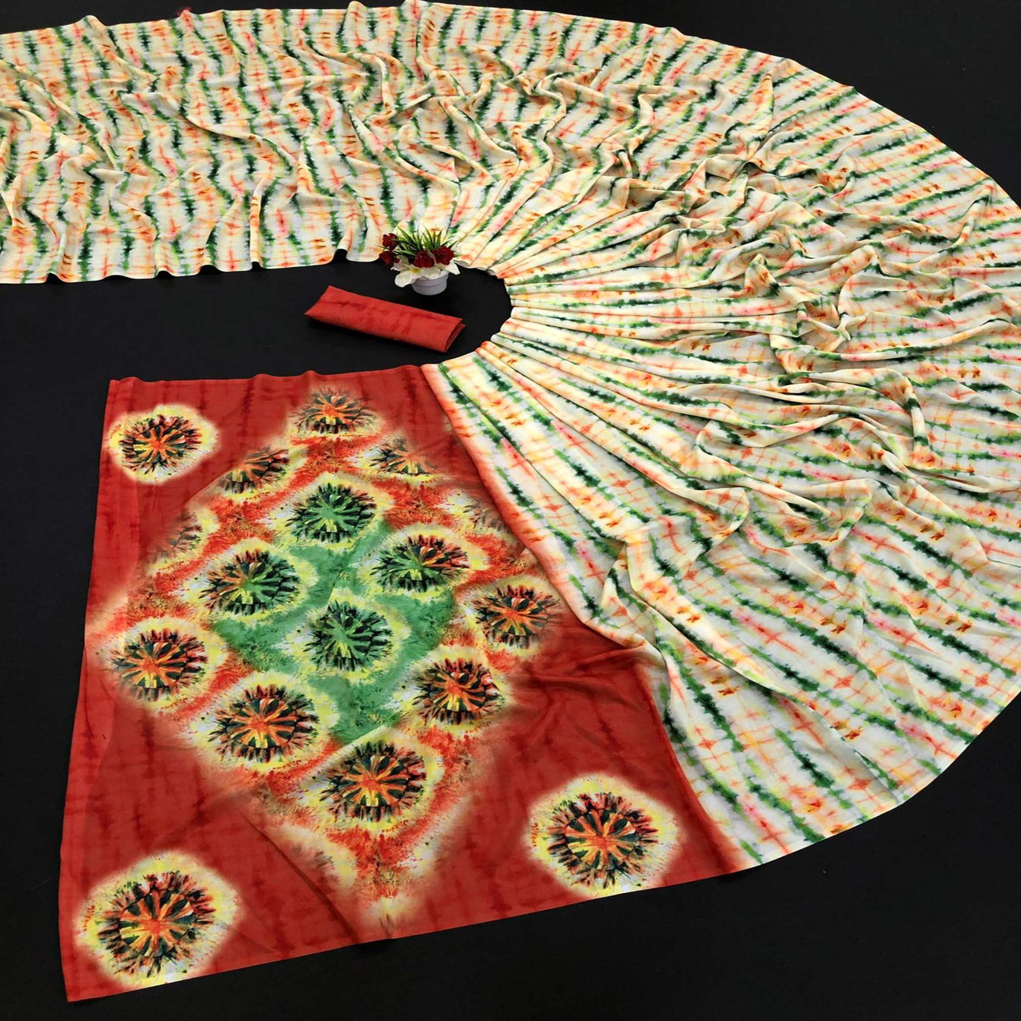 Cream Digital Printed Vichitra Silk Saree - Peachmode