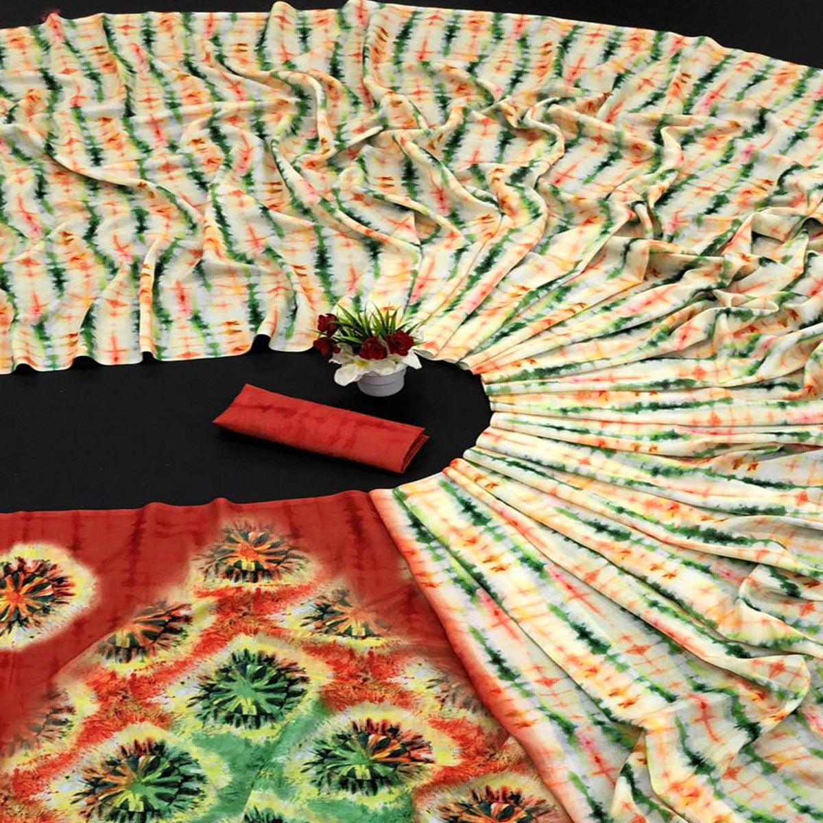 Cream Digital Printed Vichitra Silk Saree - Peachmode