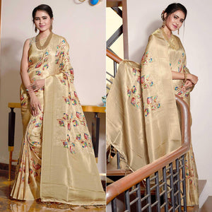 Cream Digital Printed With Woven Art Silk Saree With Tassels - Peachmode