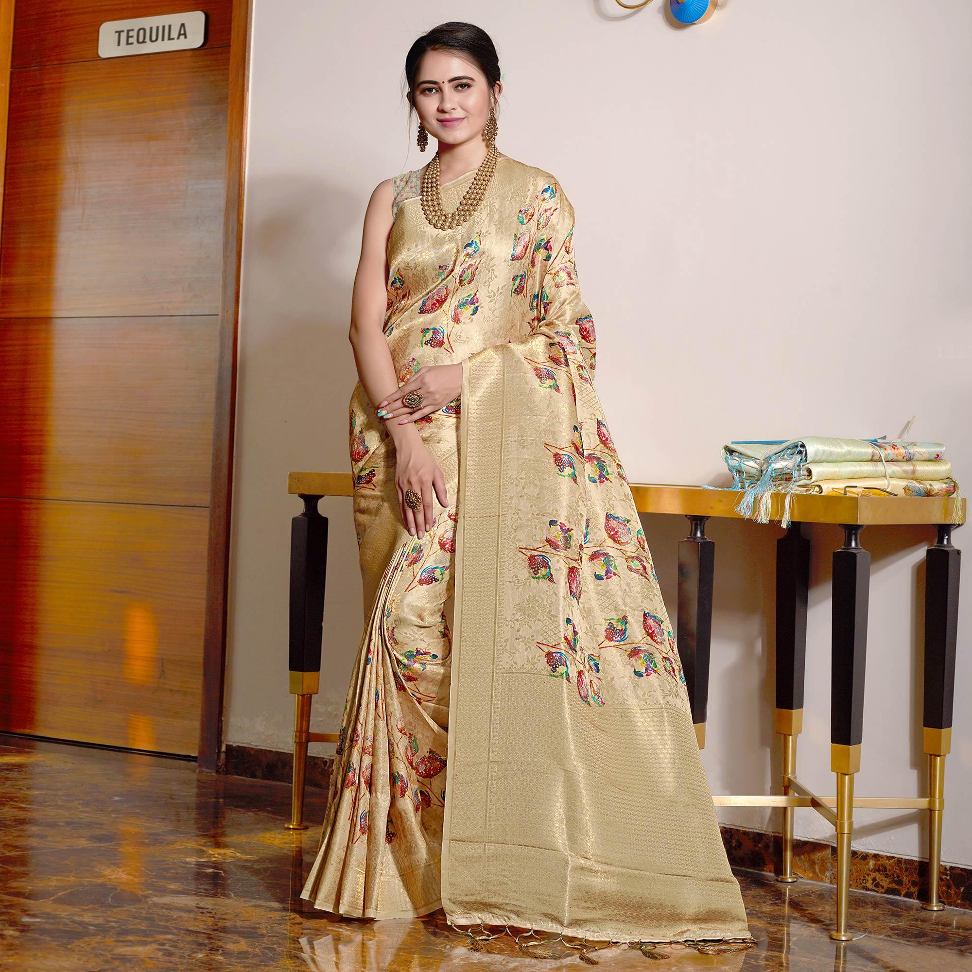 Cream Digital Printed With Woven Art Silk Saree With Tassels - Peachmode