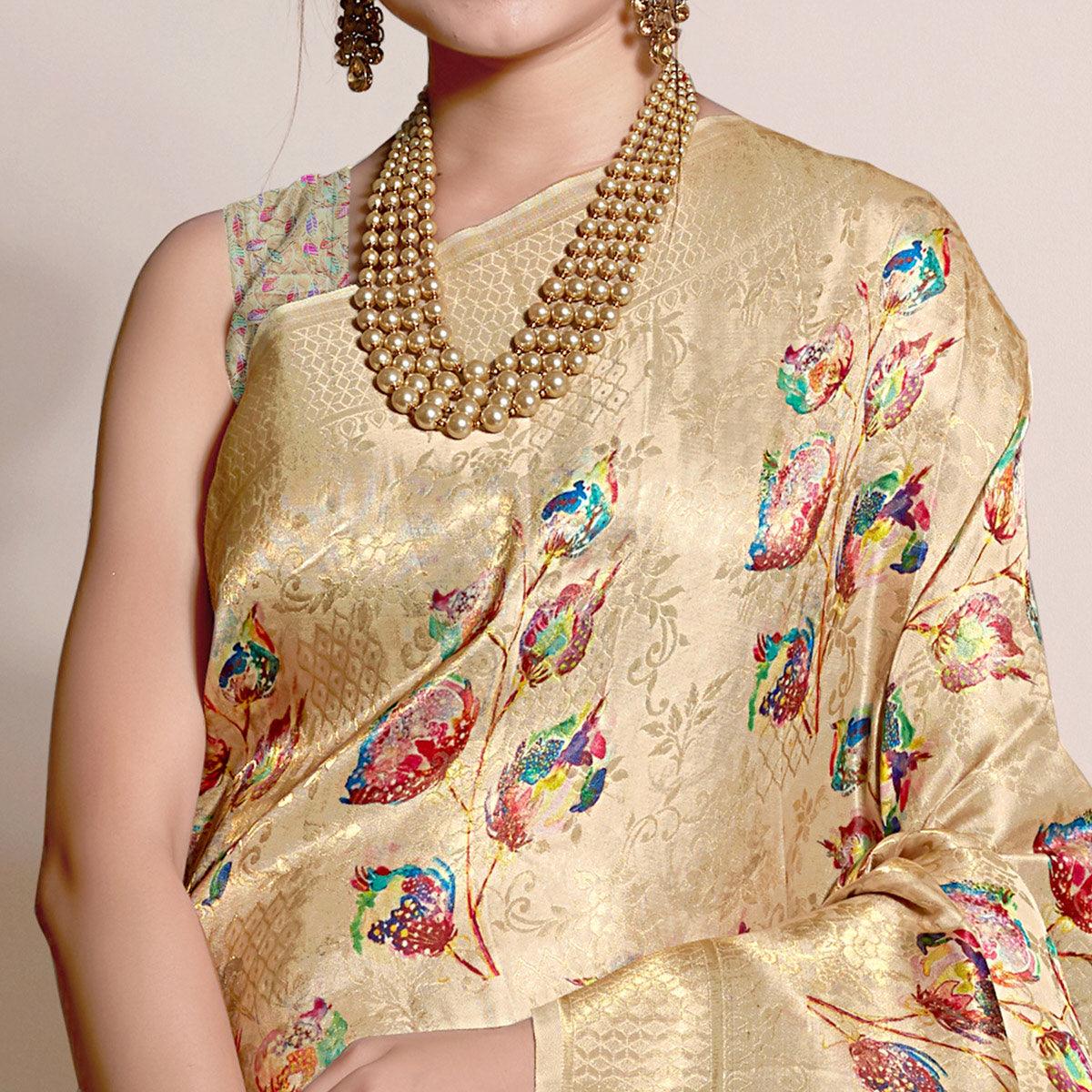 Cream Digital Printed With Woven Art Silk Saree With Tassels - Peachmode