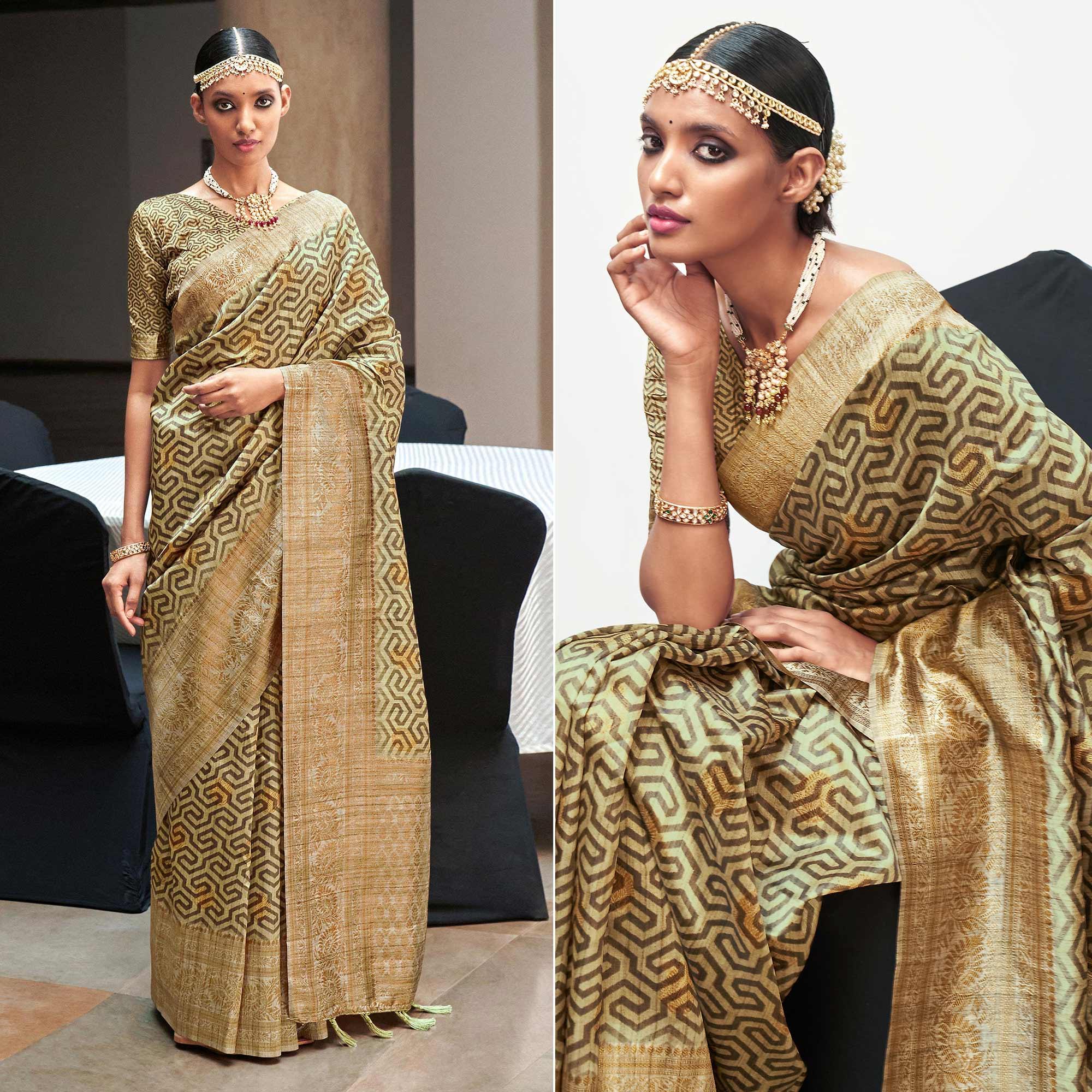 Cream Digital Printed With Woven Border Art Silk Saree - Peachmode