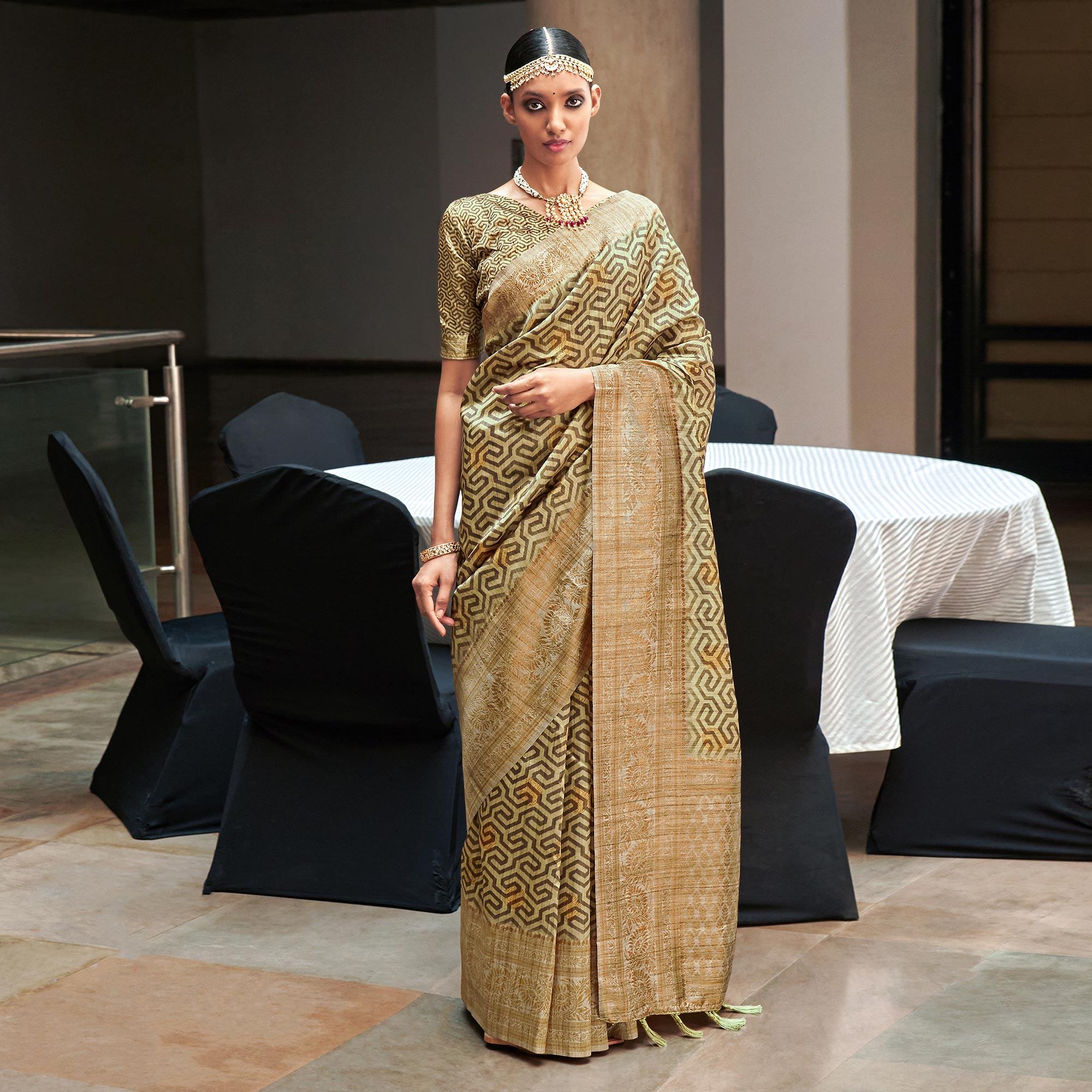 Cream Digital Printed With Woven Border Art Silk Saree - Peachmode
