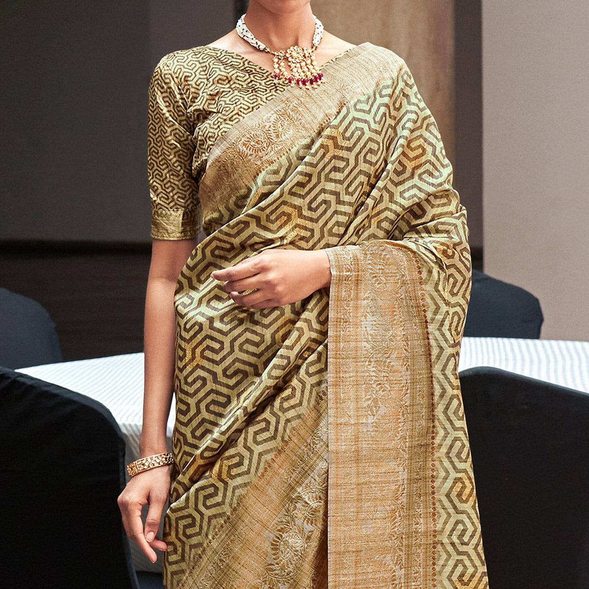 Cream Digital Printed With Woven Border Art Silk Saree - Peachmode