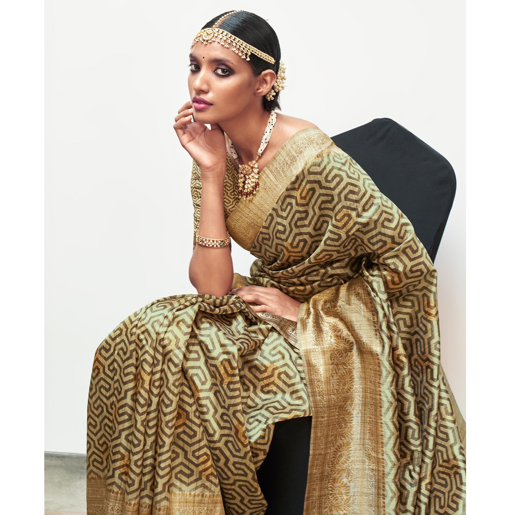 Cream Digital Printed With Woven Border Art Silk Saree - Peachmode