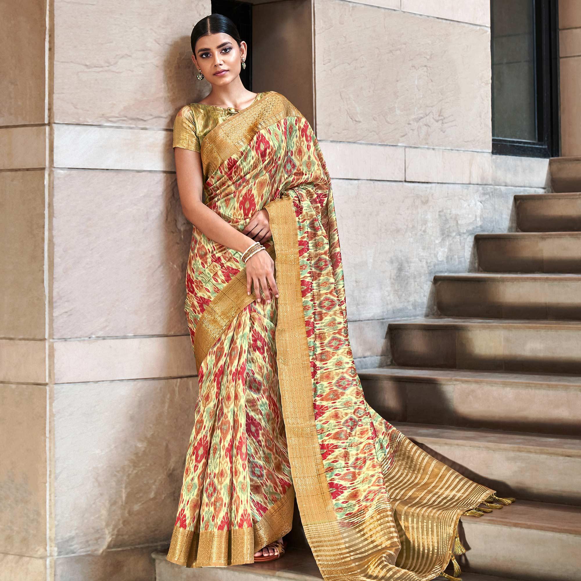 Cream Digital Printed-Woven Art Silk Saree With Tassels - Peachmode