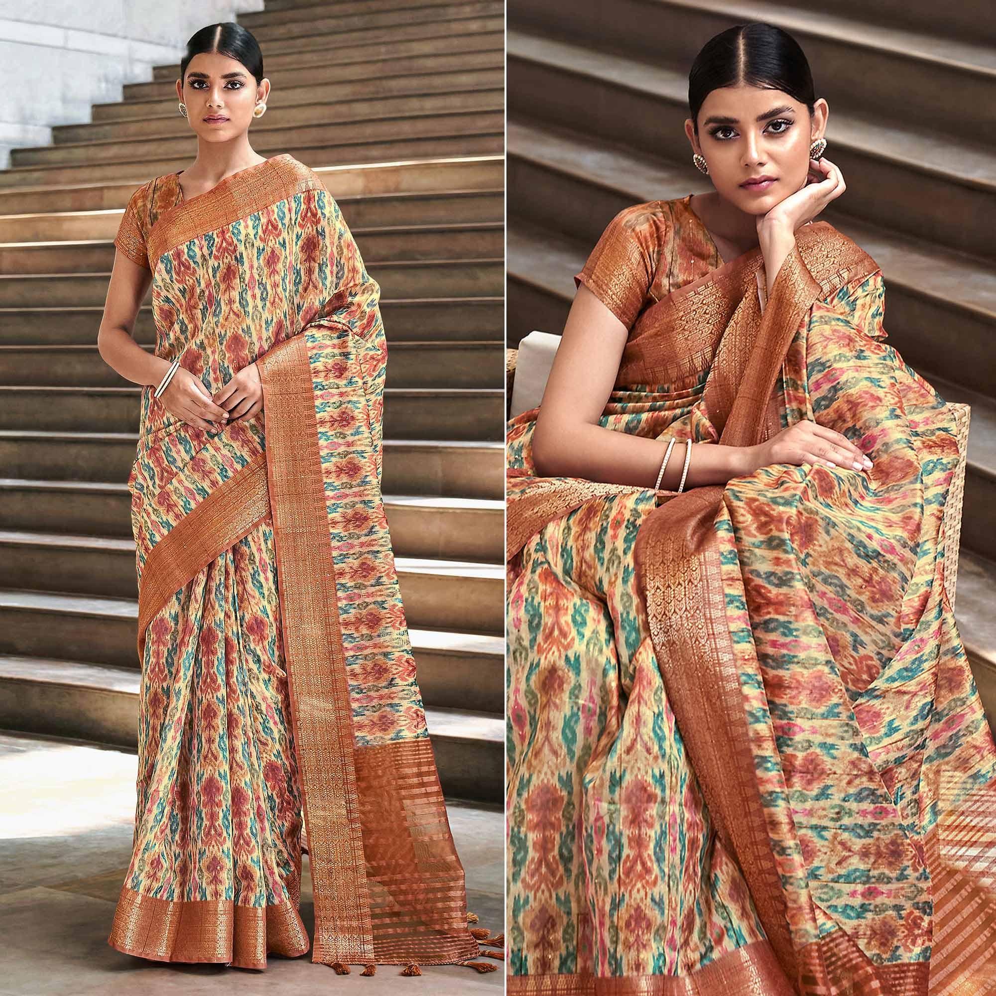Cream Digital Printed-Woven Art Silk Saree With Tassels - Peachmode