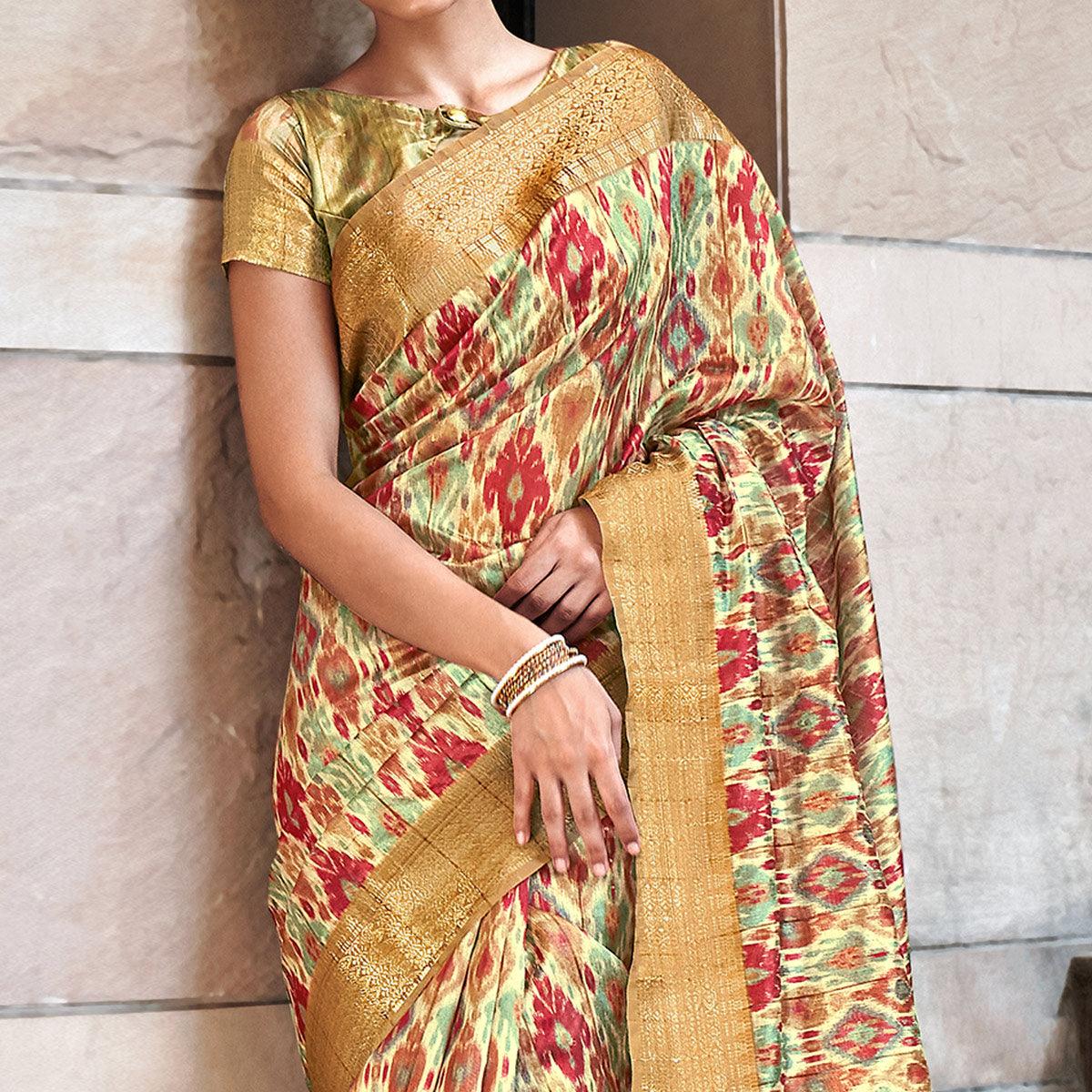 Cream Digital Printed-Woven Art Silk Saree With Tassels - Peachmode