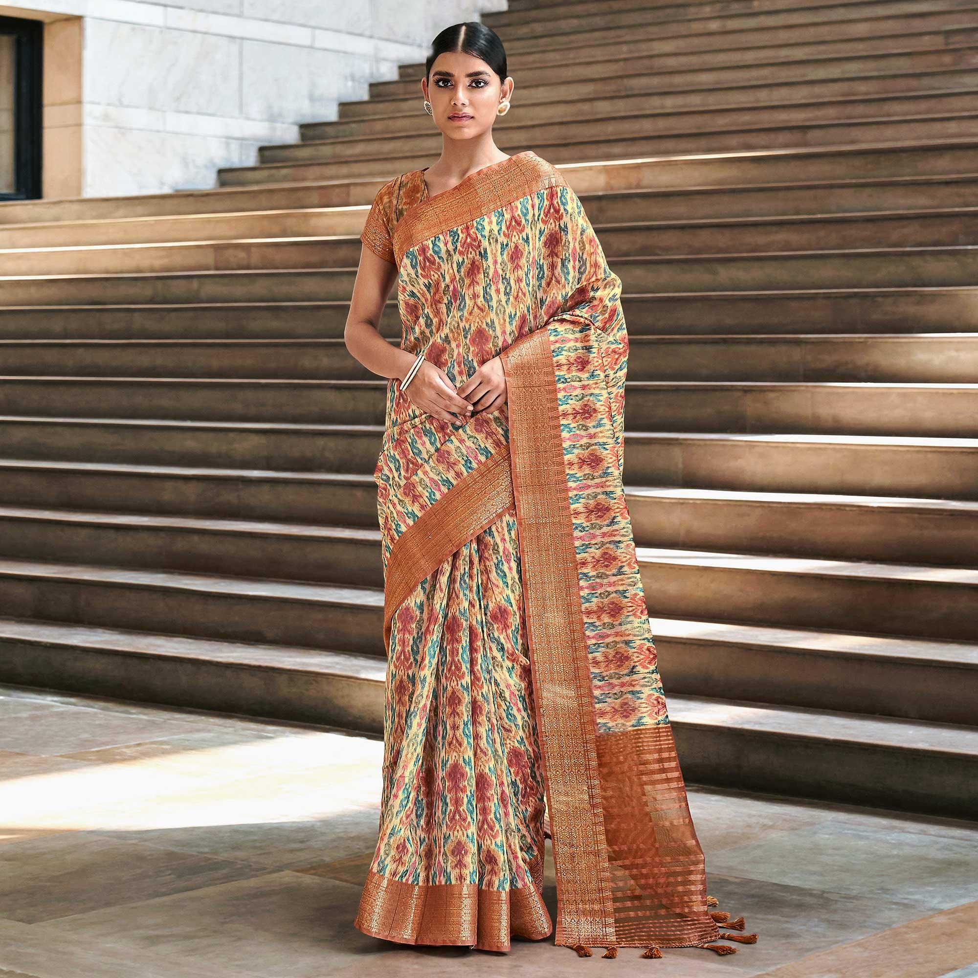 Cream Digital Printed-Woven Art Silk Saree With Tassels - Peachmode