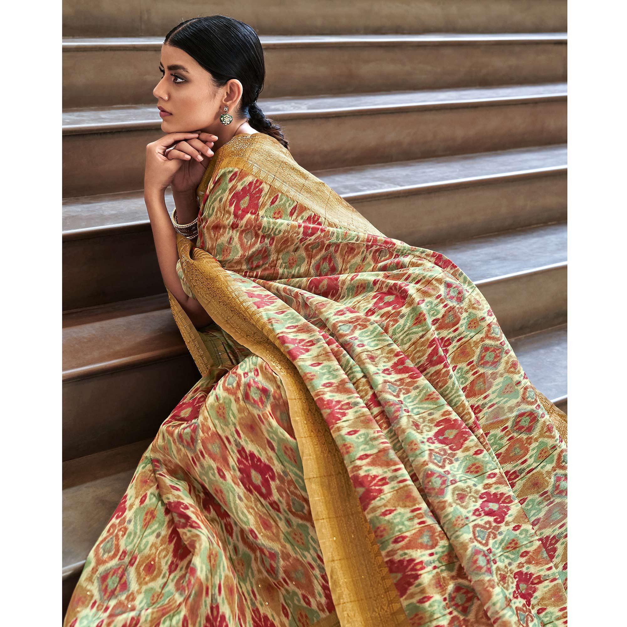 Cream Digital Printed-Woven Art Silk Saree With Tassels - Peachmode