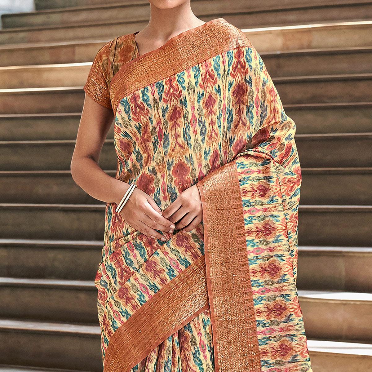Cream Digital Printed-Woven Art Silk Saree With Tassels - Peachmode