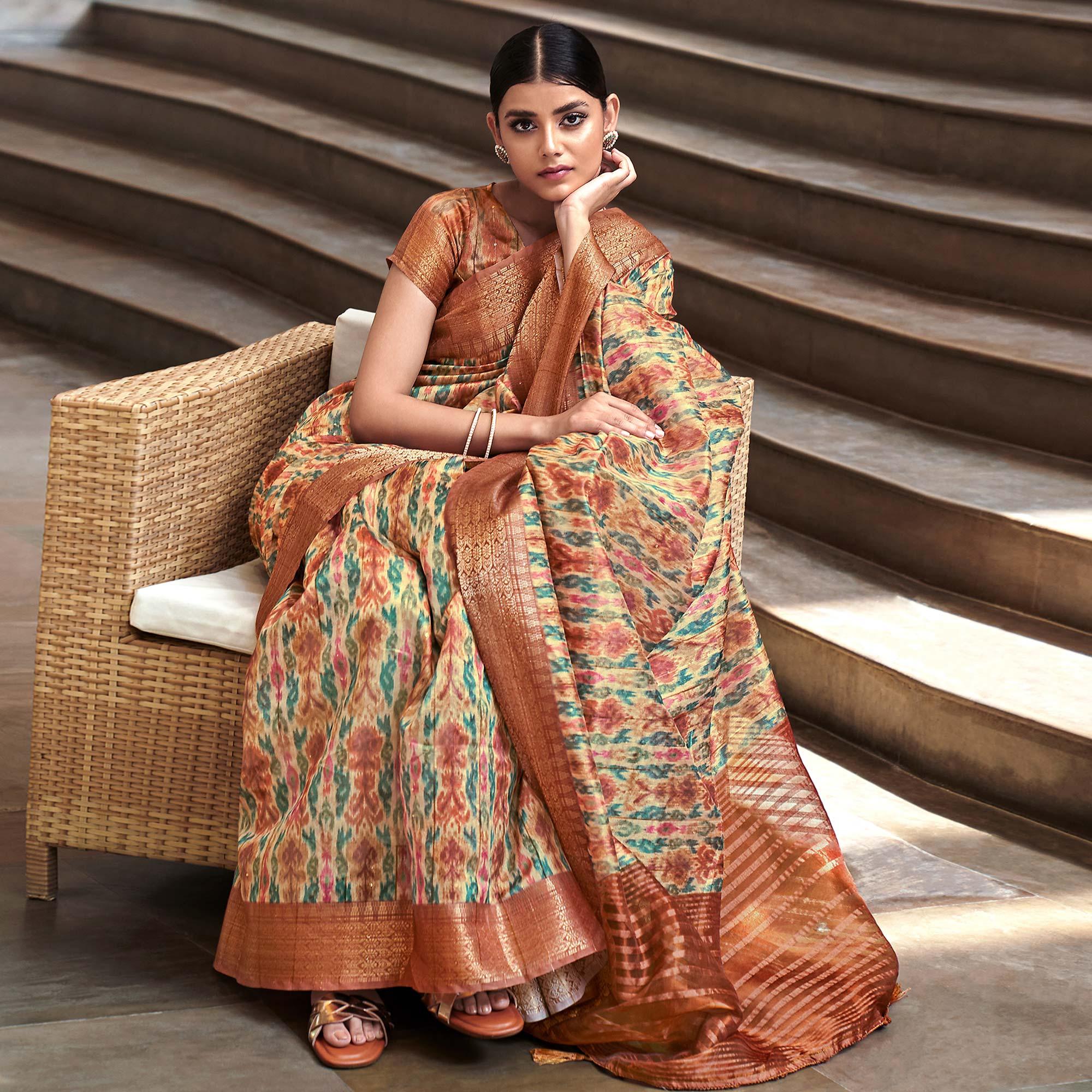 Cream Digital Printed-Woven Art Silk Saree With Tassels - Peachmode