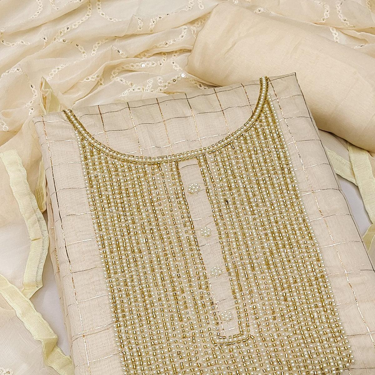 Cream Embellished Chanderi Dress Material - Peachmode