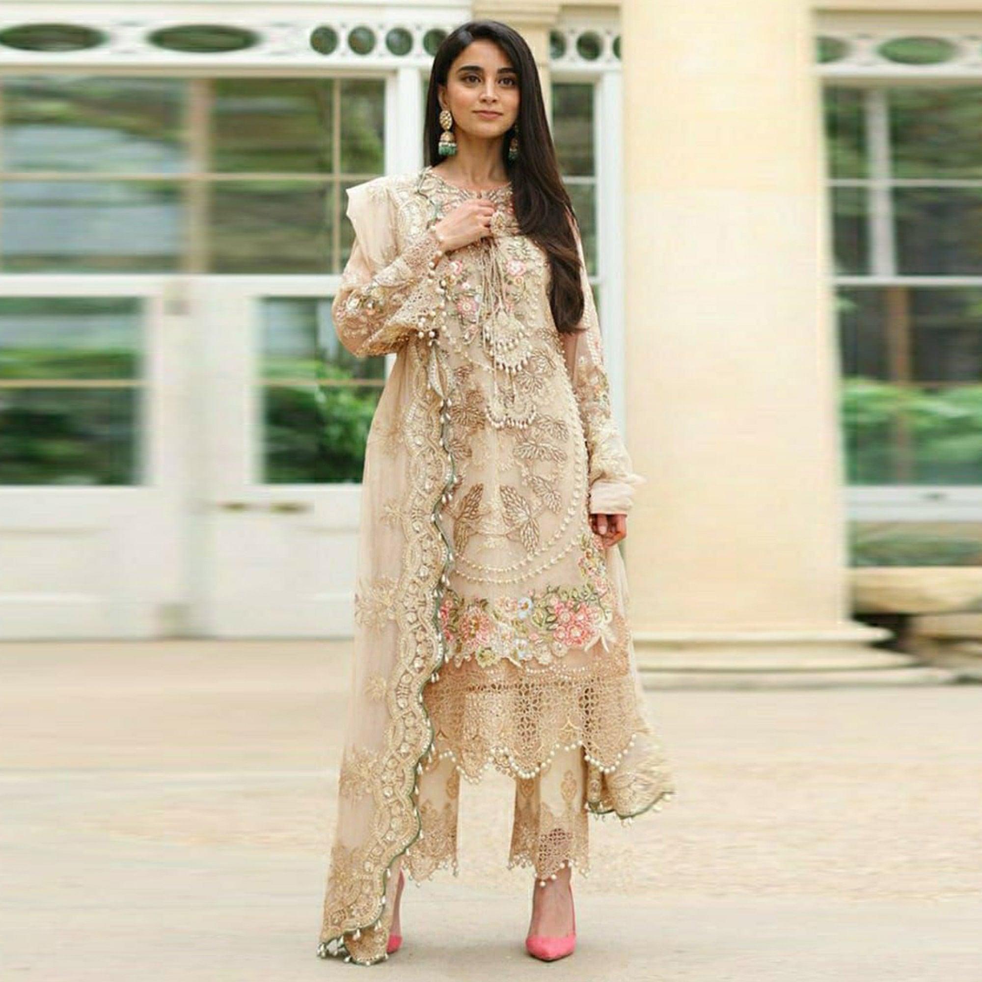 Cream Embellished With Embroidered Georgette Pakistani Suit - Peachmode