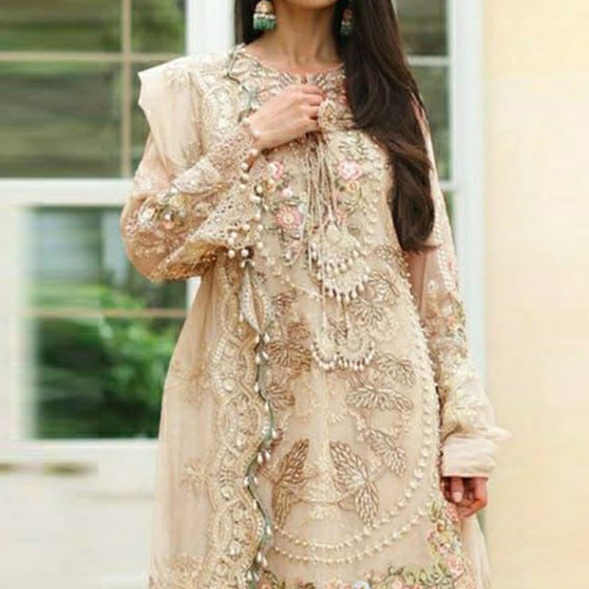 Cream Embellished With Embroidered Georgette Pakistani Suit - Peachmode