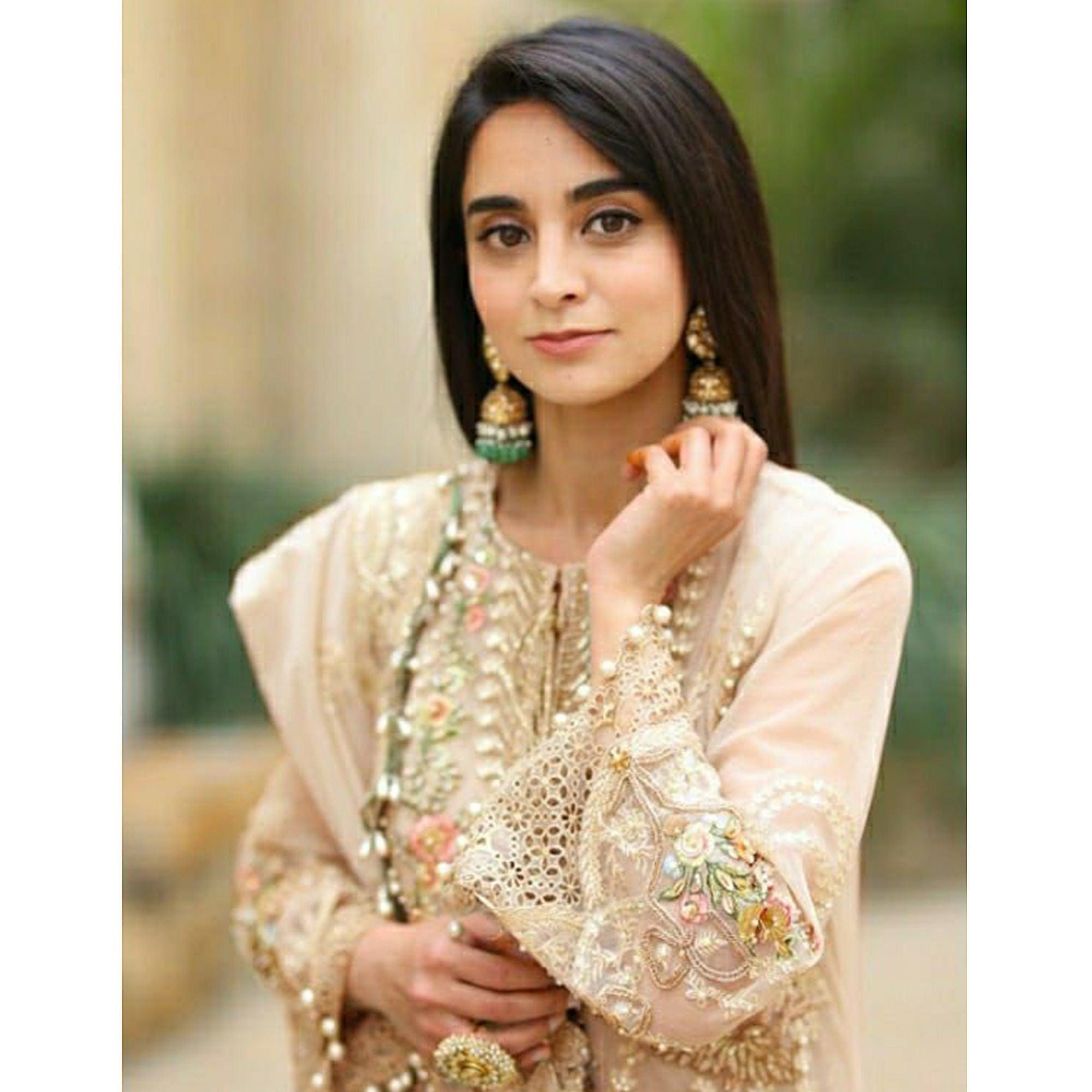 Cream Embellished With Embroidered Georgette Pakistani Suit - Peachmode