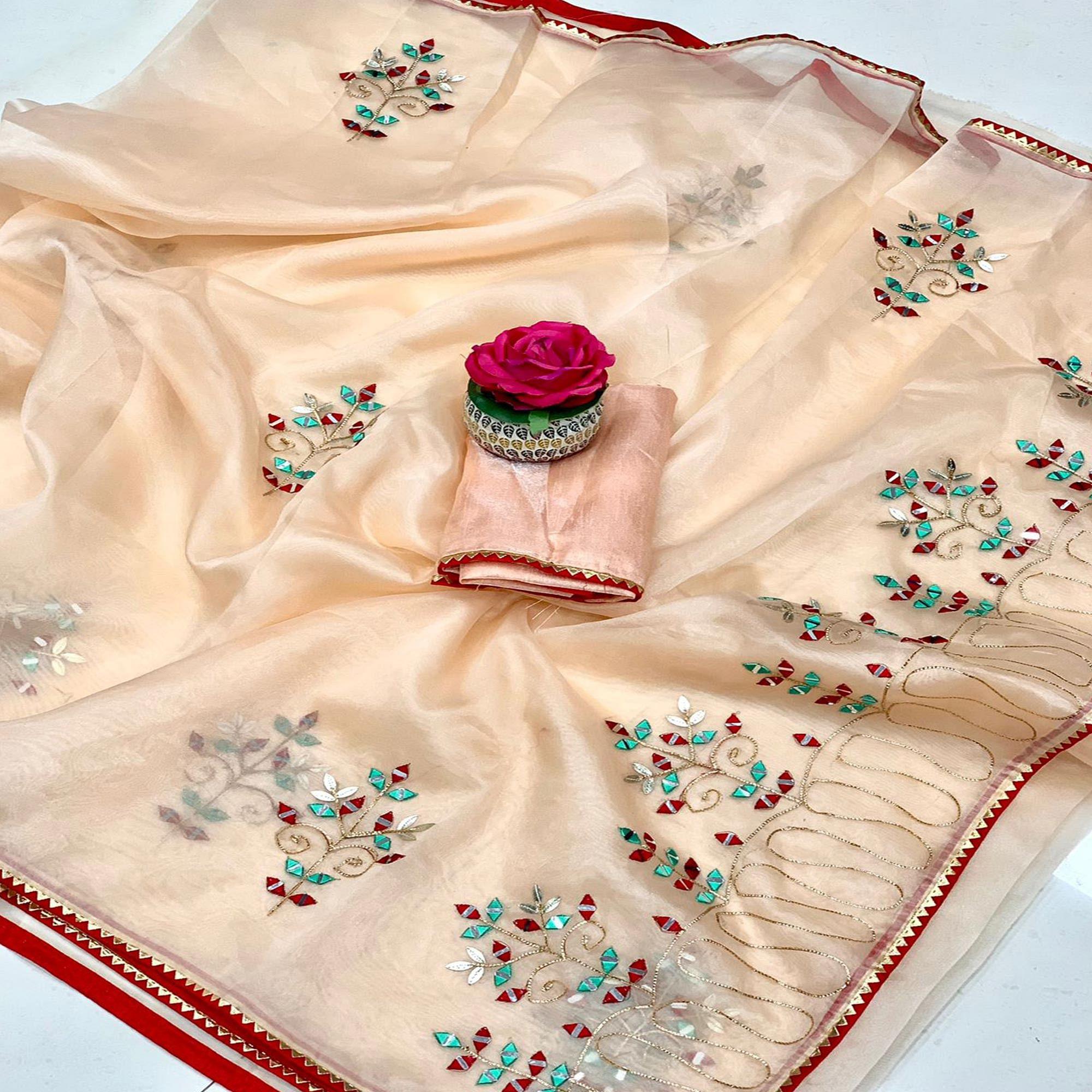 Cream Embellished With Embroidered Organza Saree - Peachmode