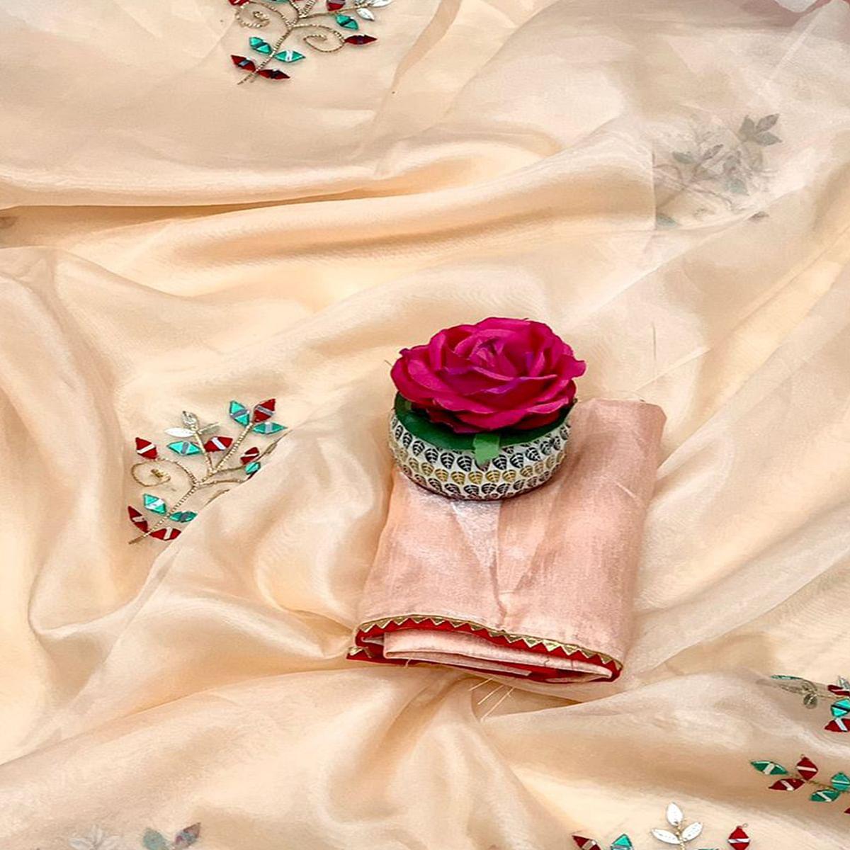 Cream Embellished With Embroidered Organza Saree - Peachmode