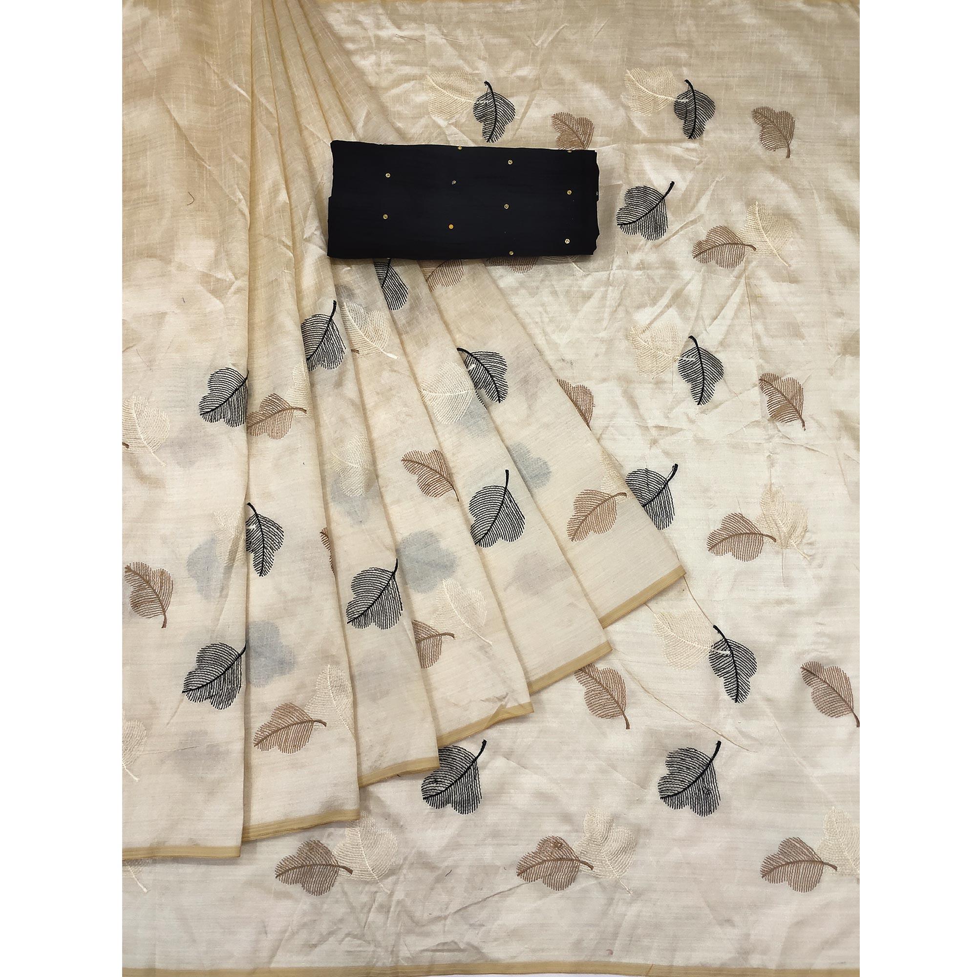 Cream Embroidered Assam Silk Saree - Peachmode