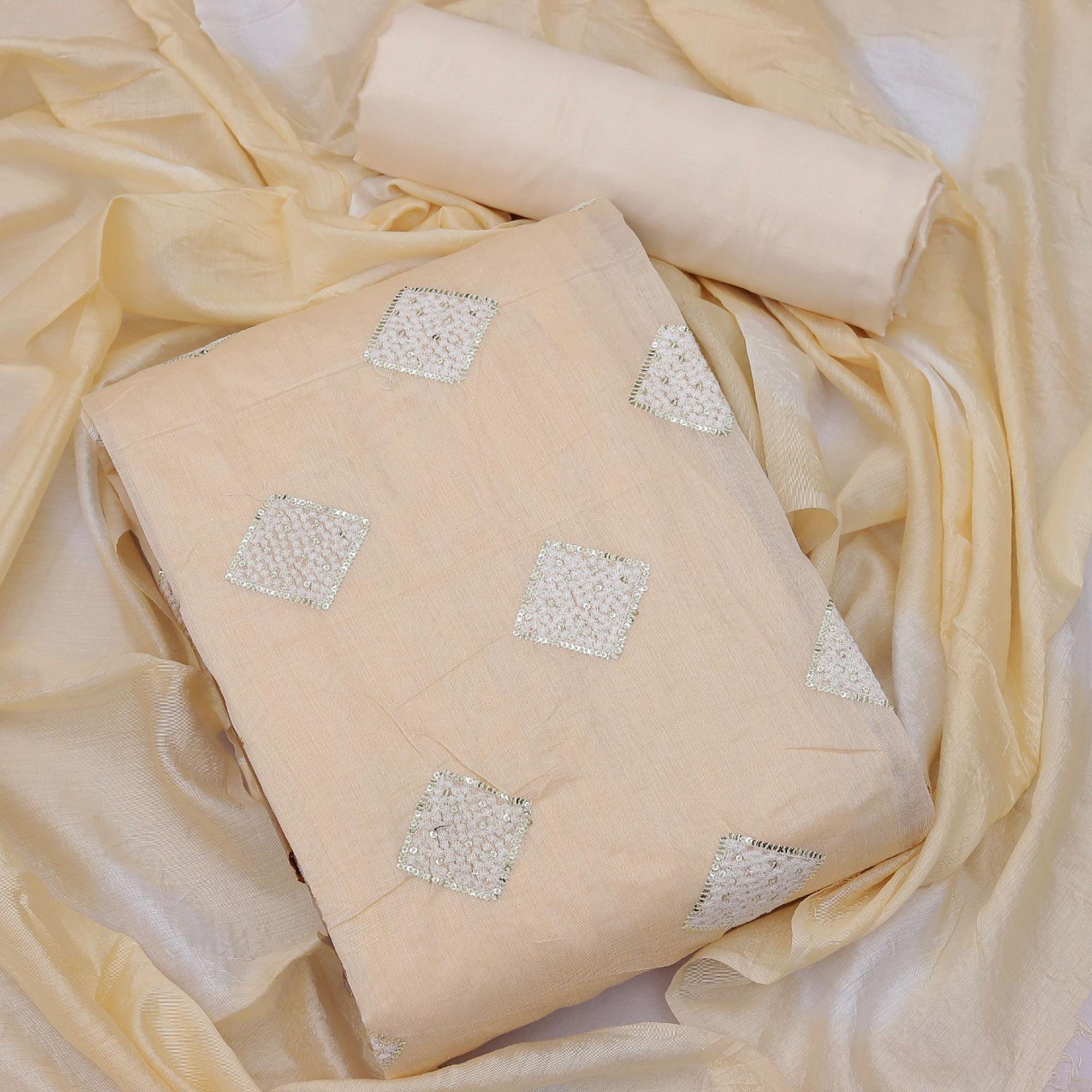 Cream Embroidered Chanderi Dress Material - Peachmode