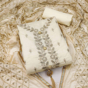Cream Embroidered Chanderi Dress Material - Peachmode