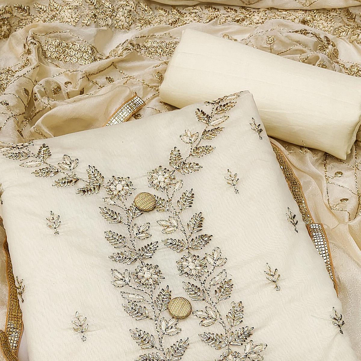 Cream Embroidered Chanderi Dress Material - Peachmode