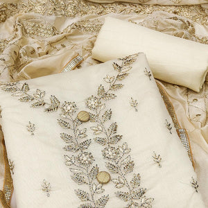 Cream Embroidered Chanderi Dress Material - Peachmode