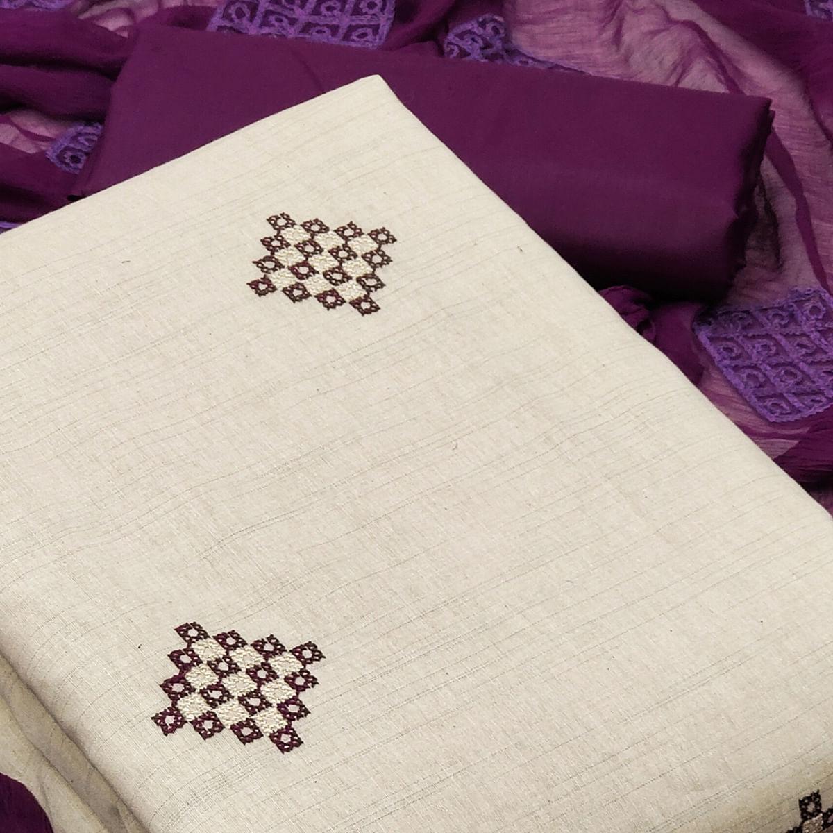Cream Embroidered Cotton Dress Material - Peachmode
