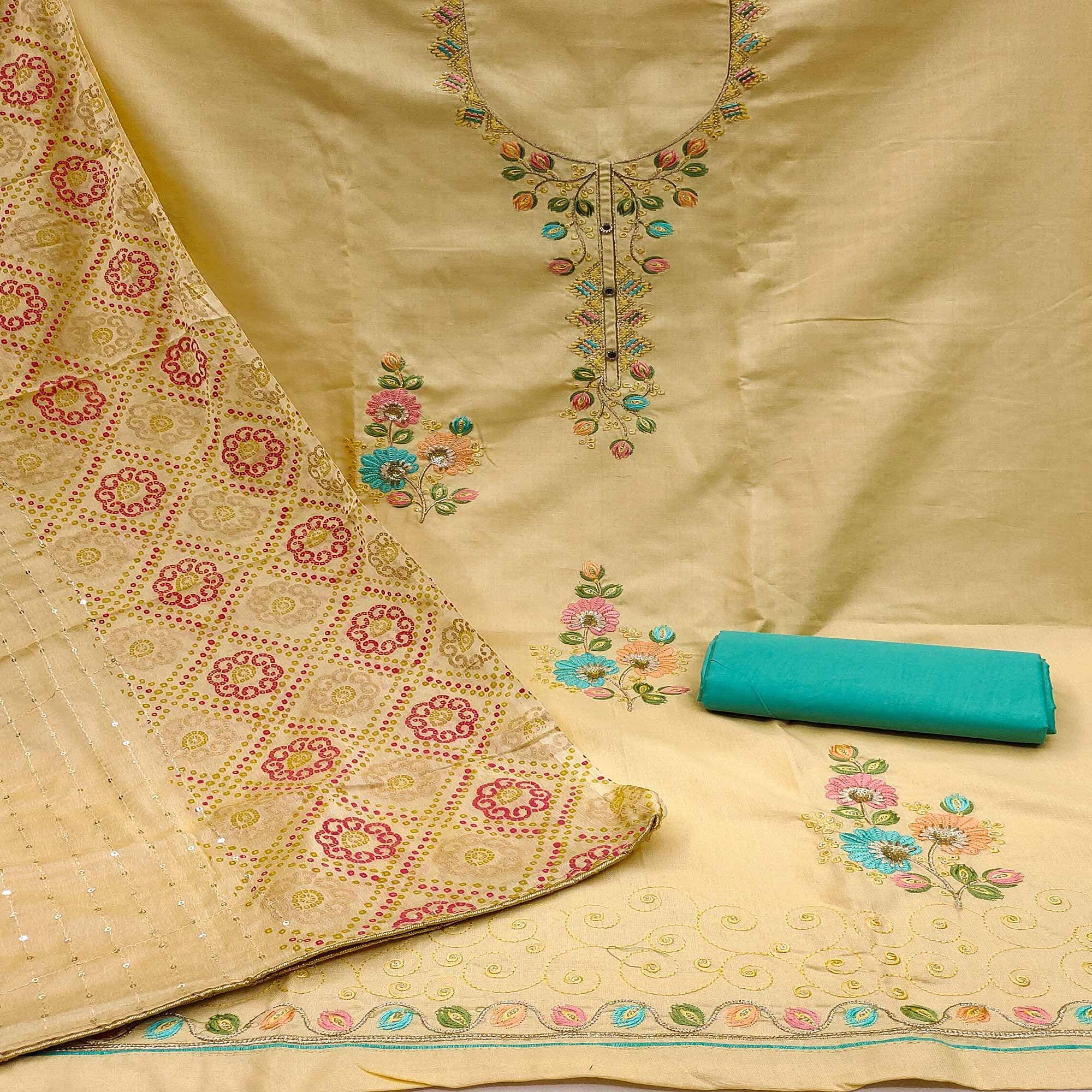 Cream Embroidered Cotton Dress Material - Peachmode