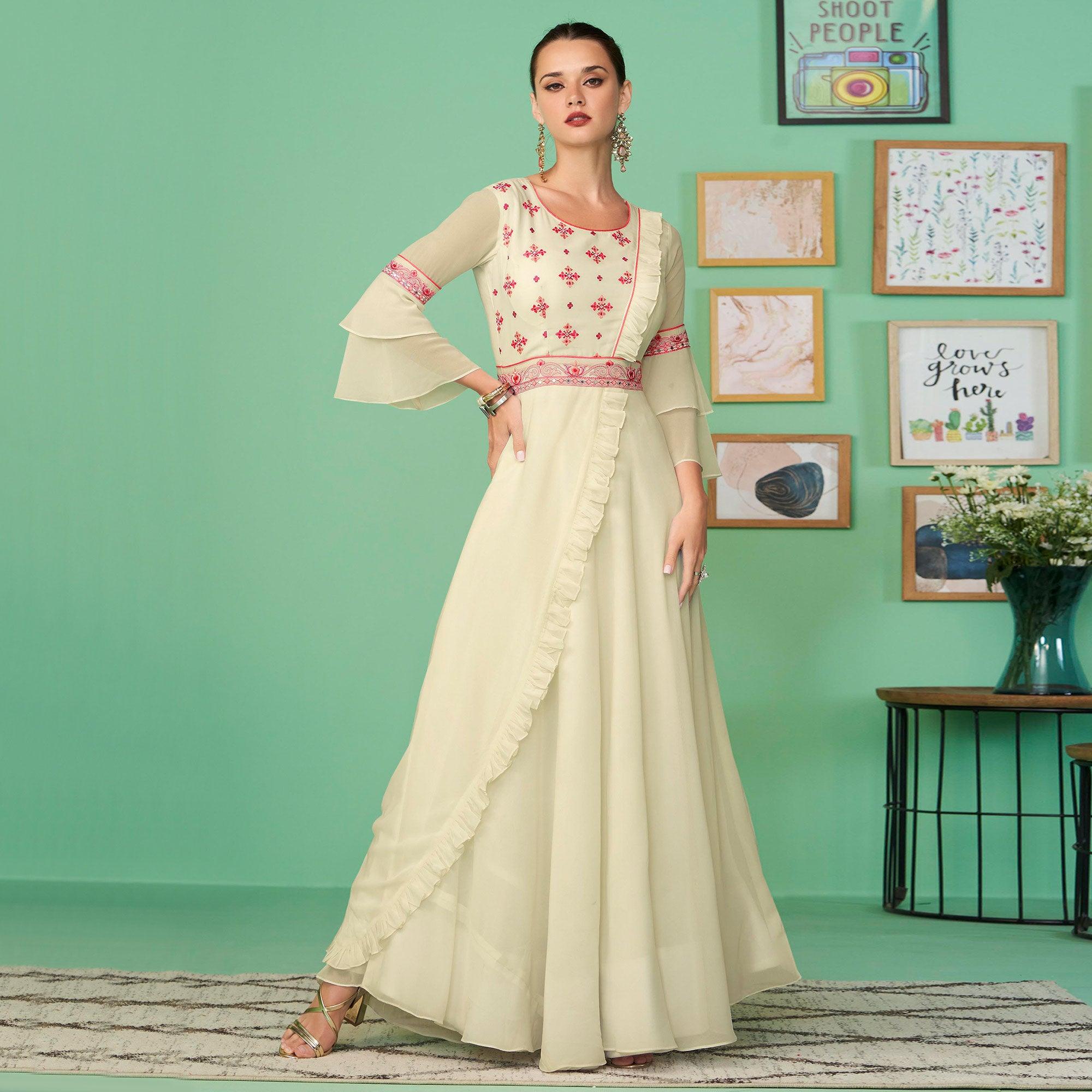 Cream Embroidered Georgette Gown - Peachmode