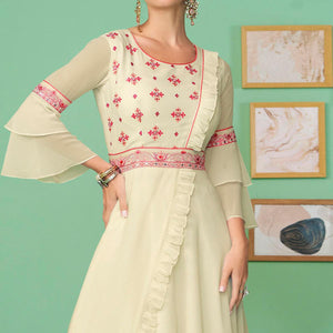 Cream Embroidered Georgette Gown - Peachmode