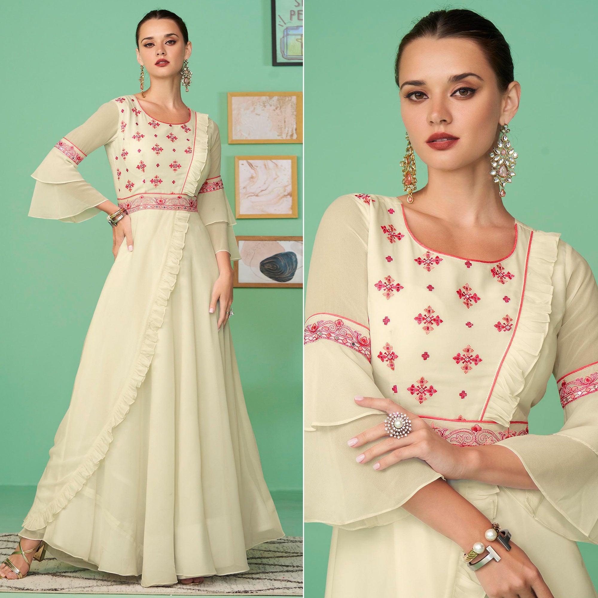 Cream Embroidered Georgette Gown - Peachmode